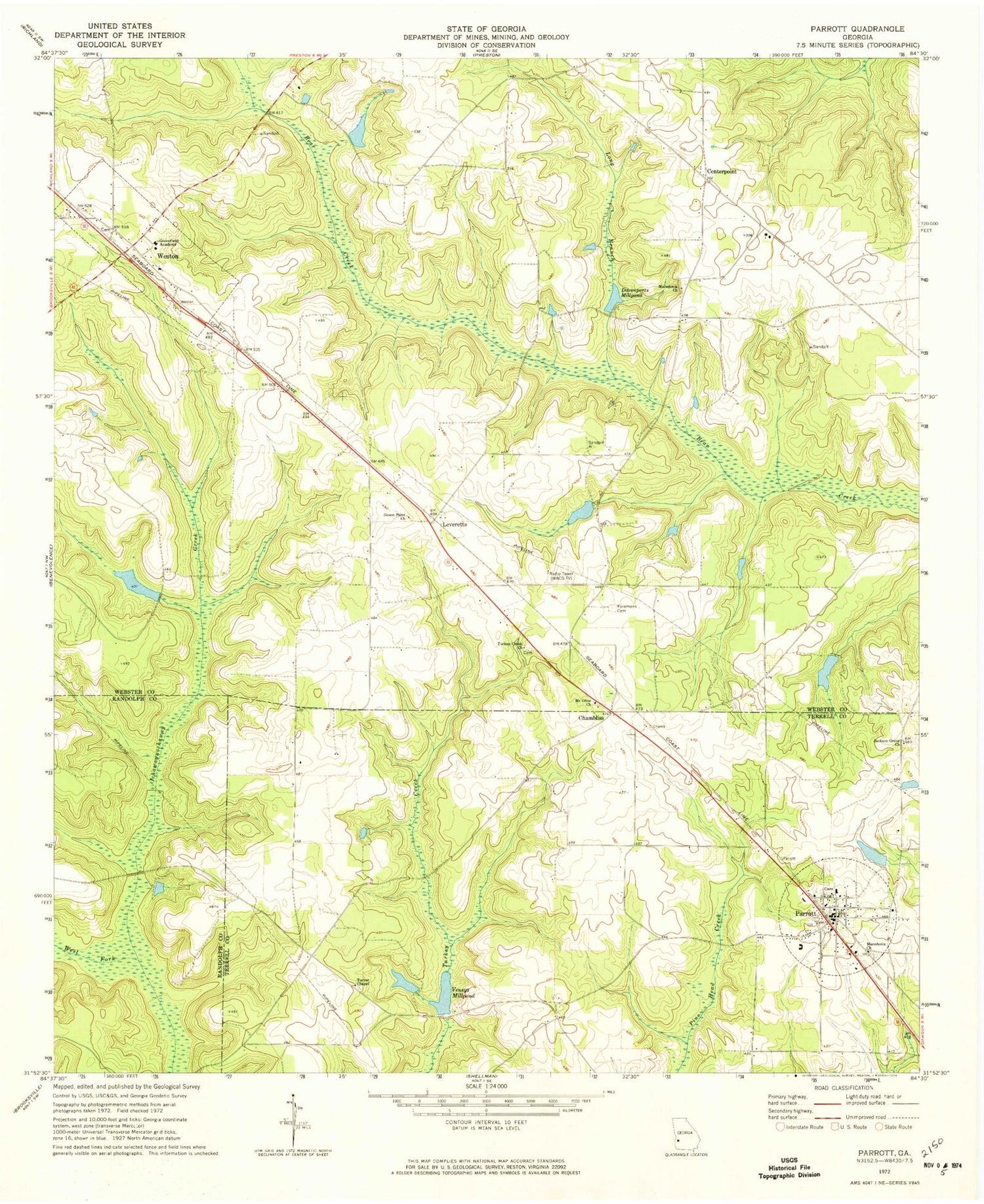 Classic USGS Parrott Georgia 7.5'x7.5' Topo Map Image