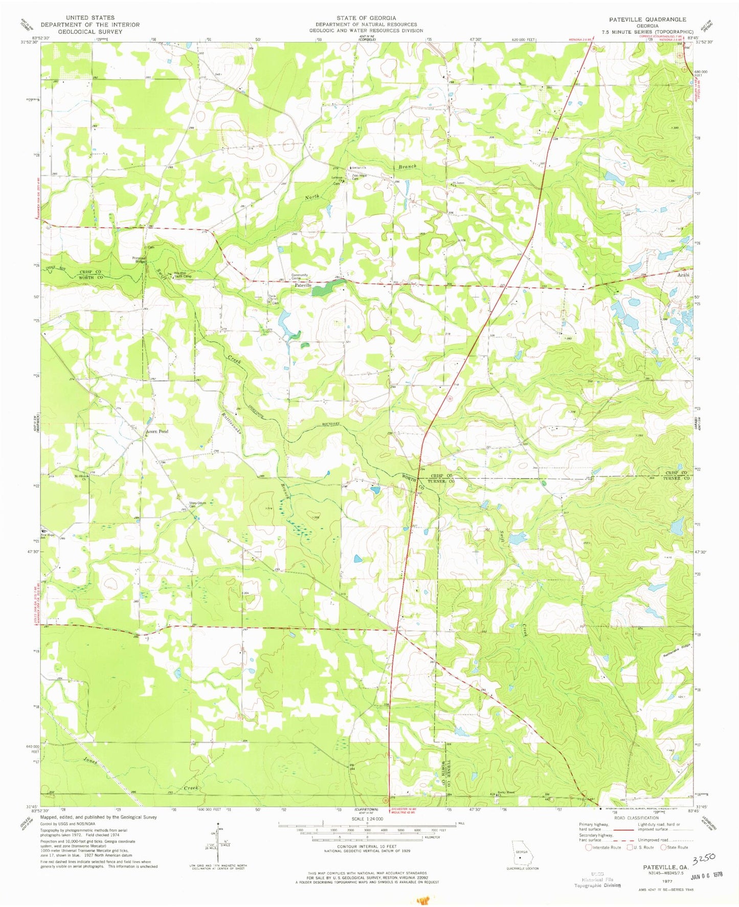 Classic USGS Pateville Georgia 7.5'x7.5' Topo Map Image