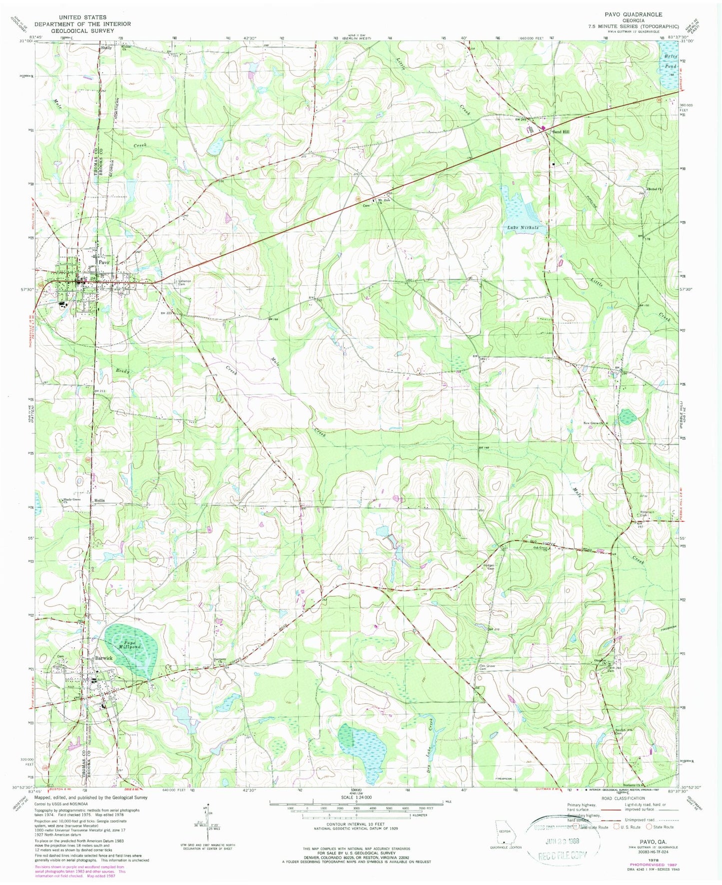 Classic USGS Pavo Georgia 7.5'x7.5' Topo Map Image