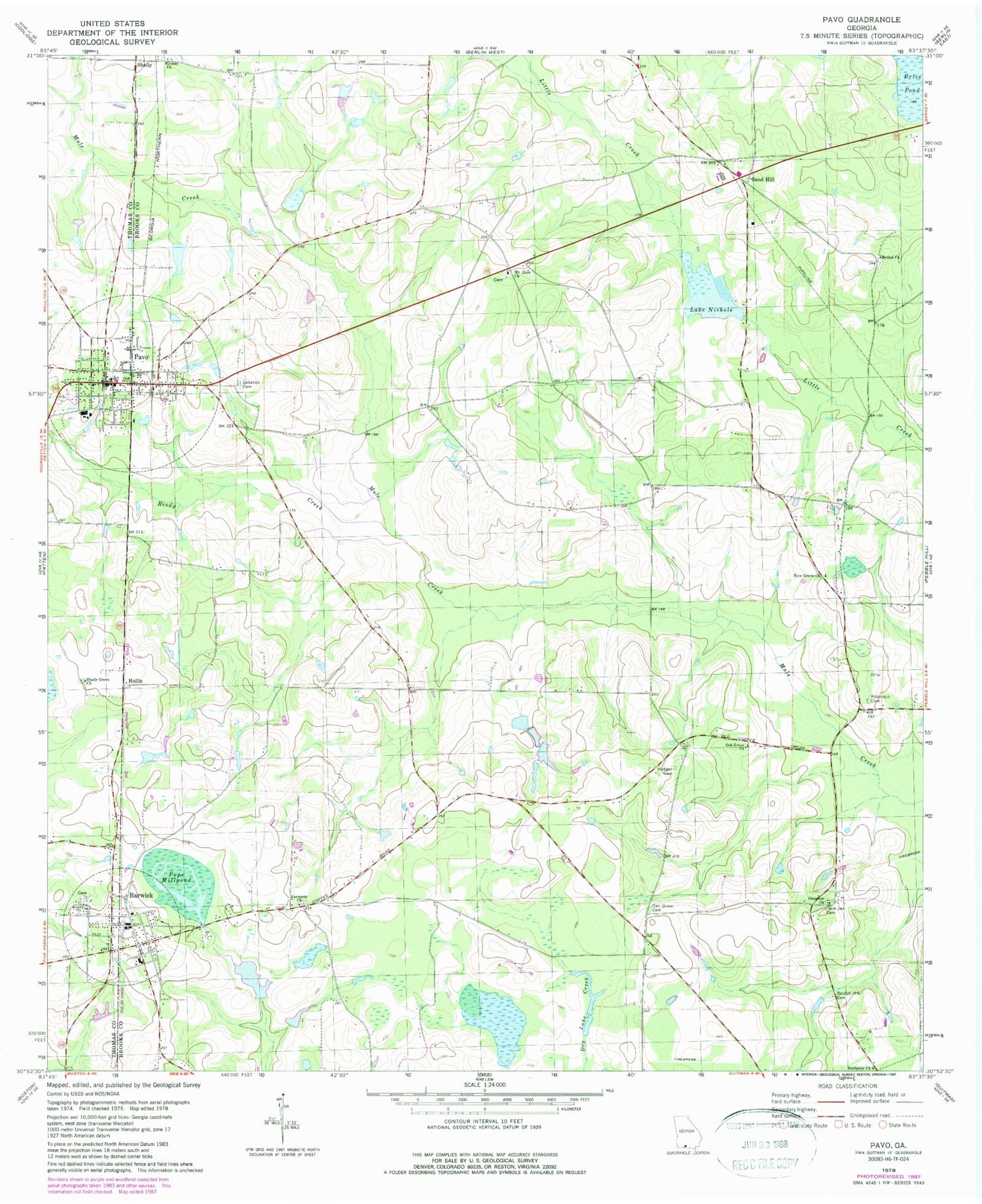 Classic USGS Pavo Georgia 7.5'x7.5' Topo Map Image