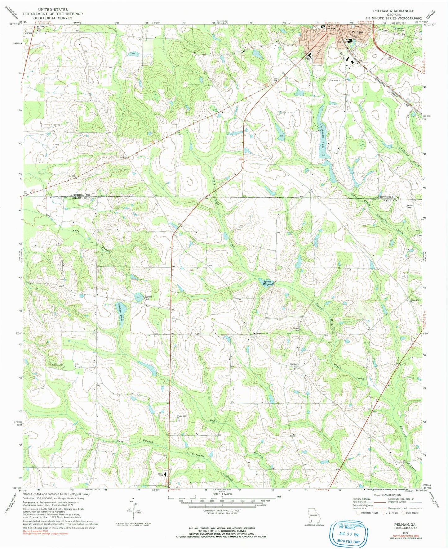Classic USGS Pelham Georgia 7.5'x7.5' Topo Map Image