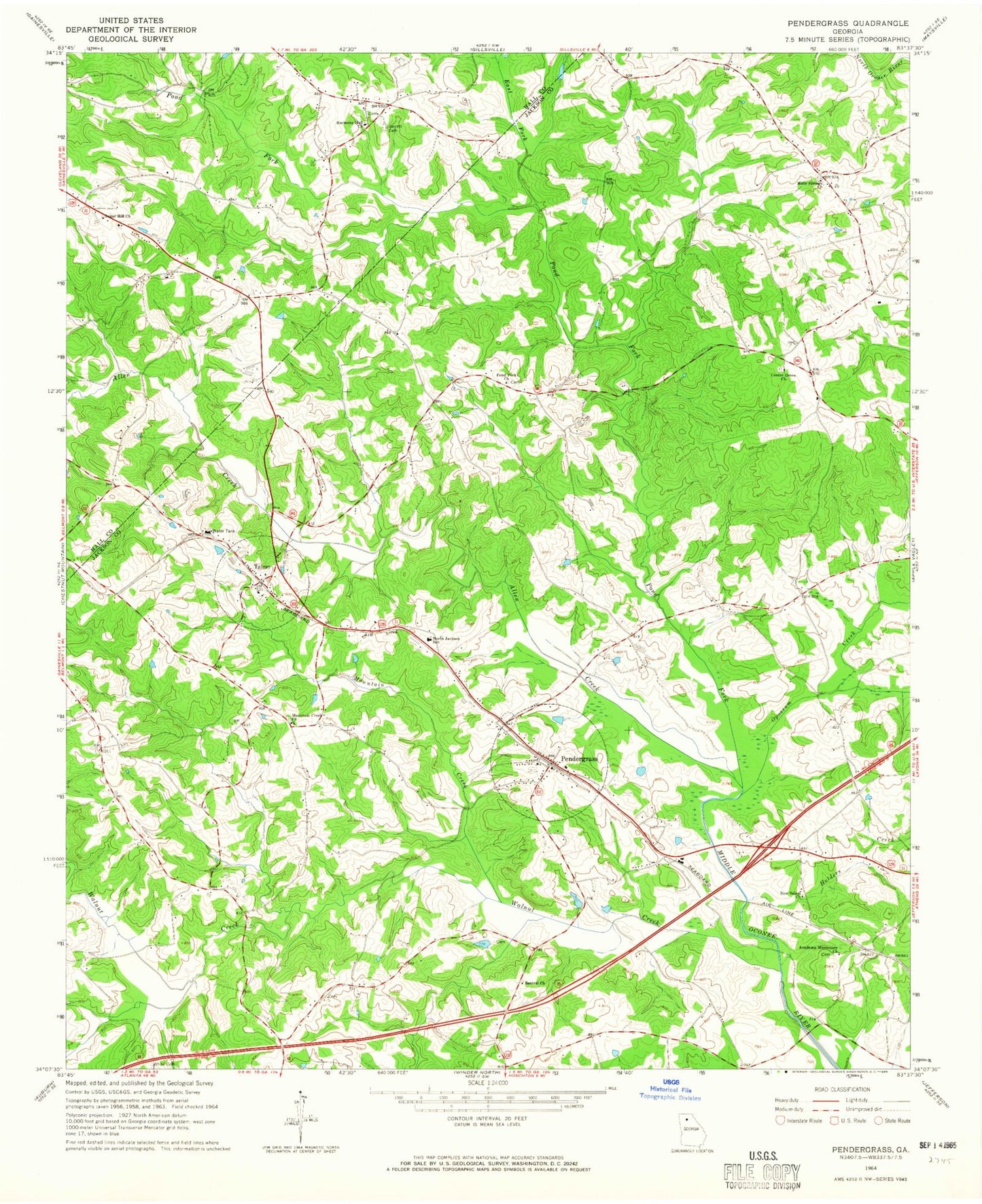 Classic USGS Pendergrass Georgia 7.5'x7.5' Topo Map Image