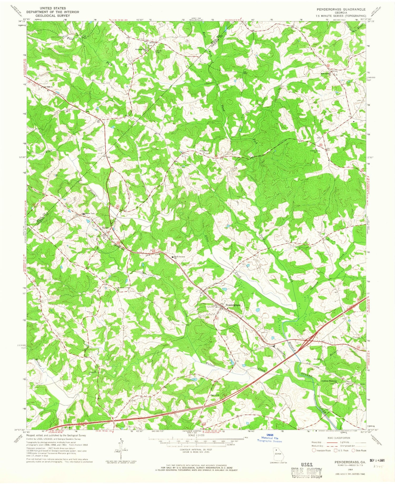 Classic USGS Pendergrass Georgia 7.5'x7.5' Topo Map Image