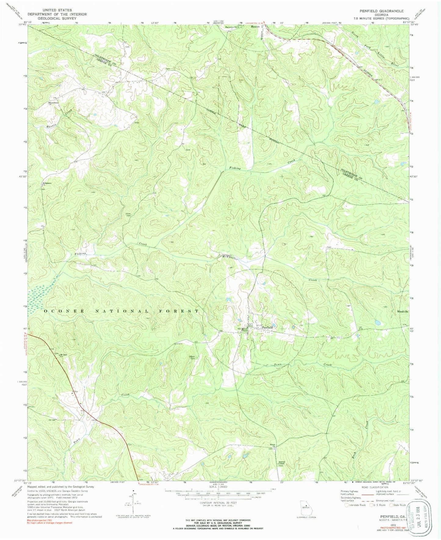 Classic USGS Penfield Georgia 7.5'x7.5' Topo Map Image