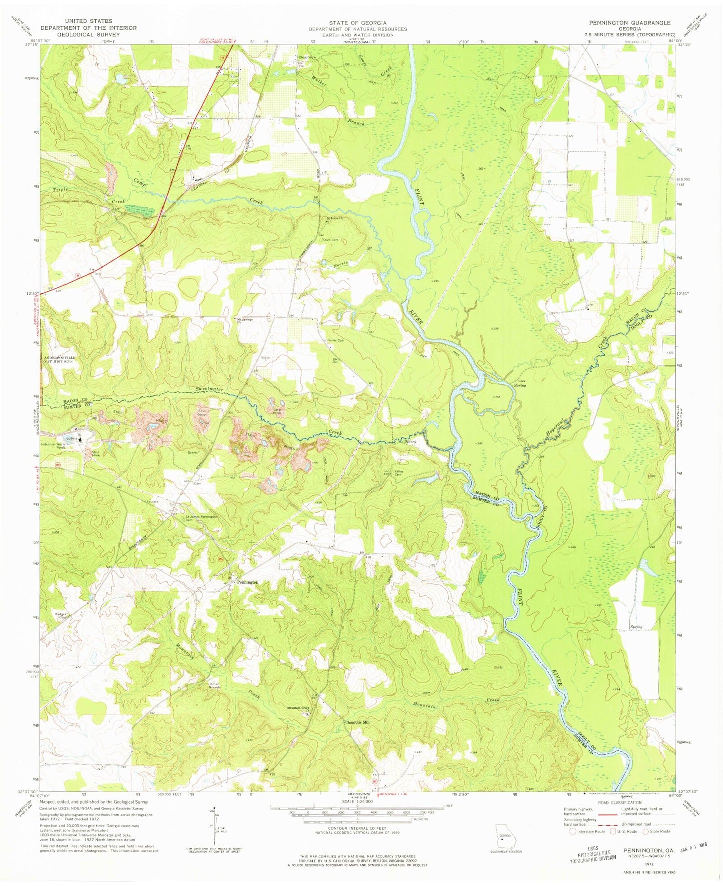 Classic USGS Pennington Georgia 7.5'x7.5' Topo Map Image