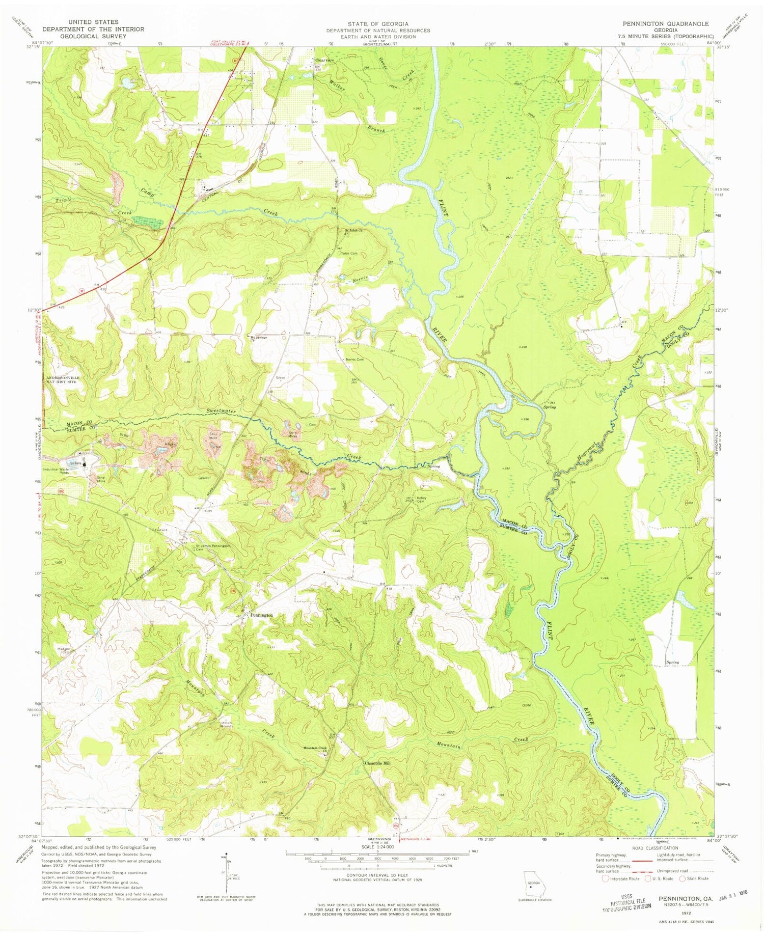 Classic USGS Pennington Georgia 7.5'x7.5' Topo Map Image