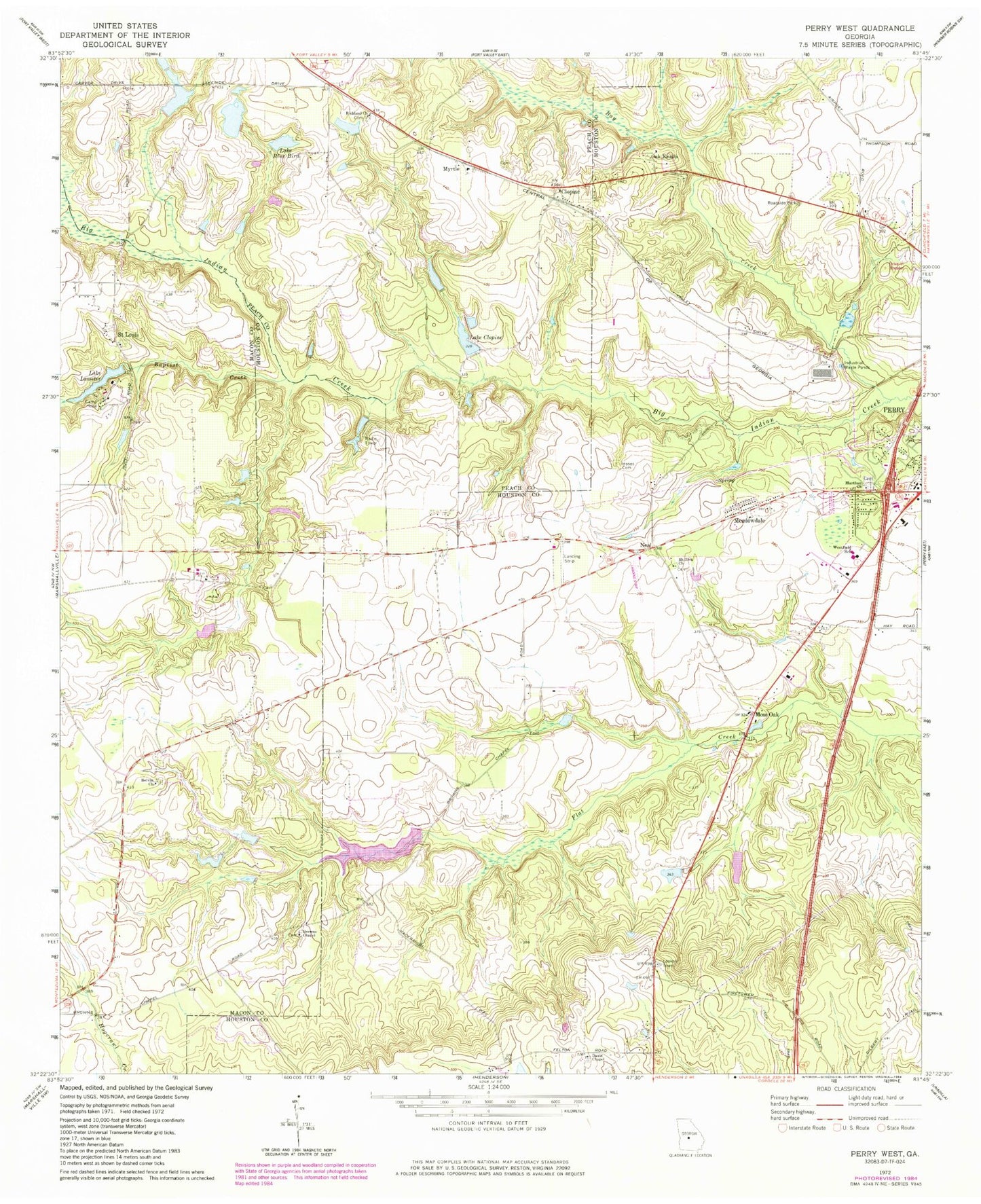 Classic USGS Perry West Georgia 7.5'x7.5' Topo Map Image