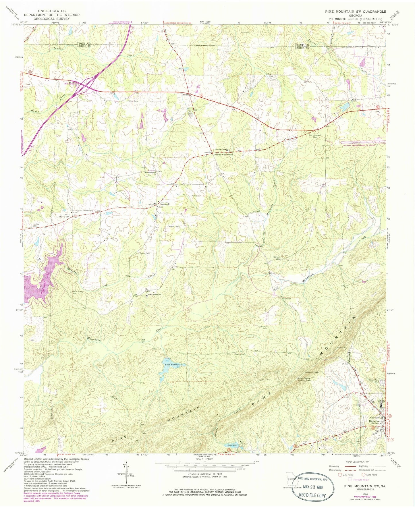 Classic USGS Pine Mountain SW Georgia 7.5'x7.5' Topo Map Image