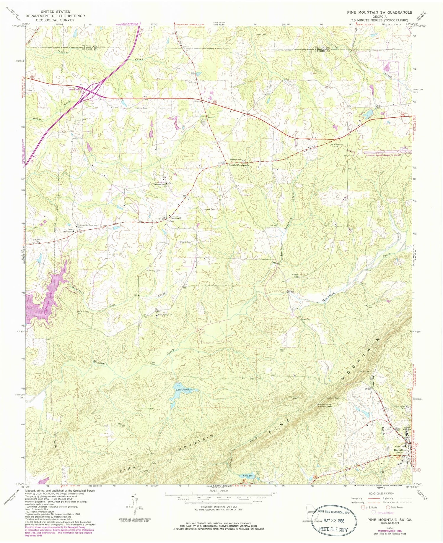 Classic USGS Pine Mountain SW Georgia 7.5'x7.5' Topo Map Image