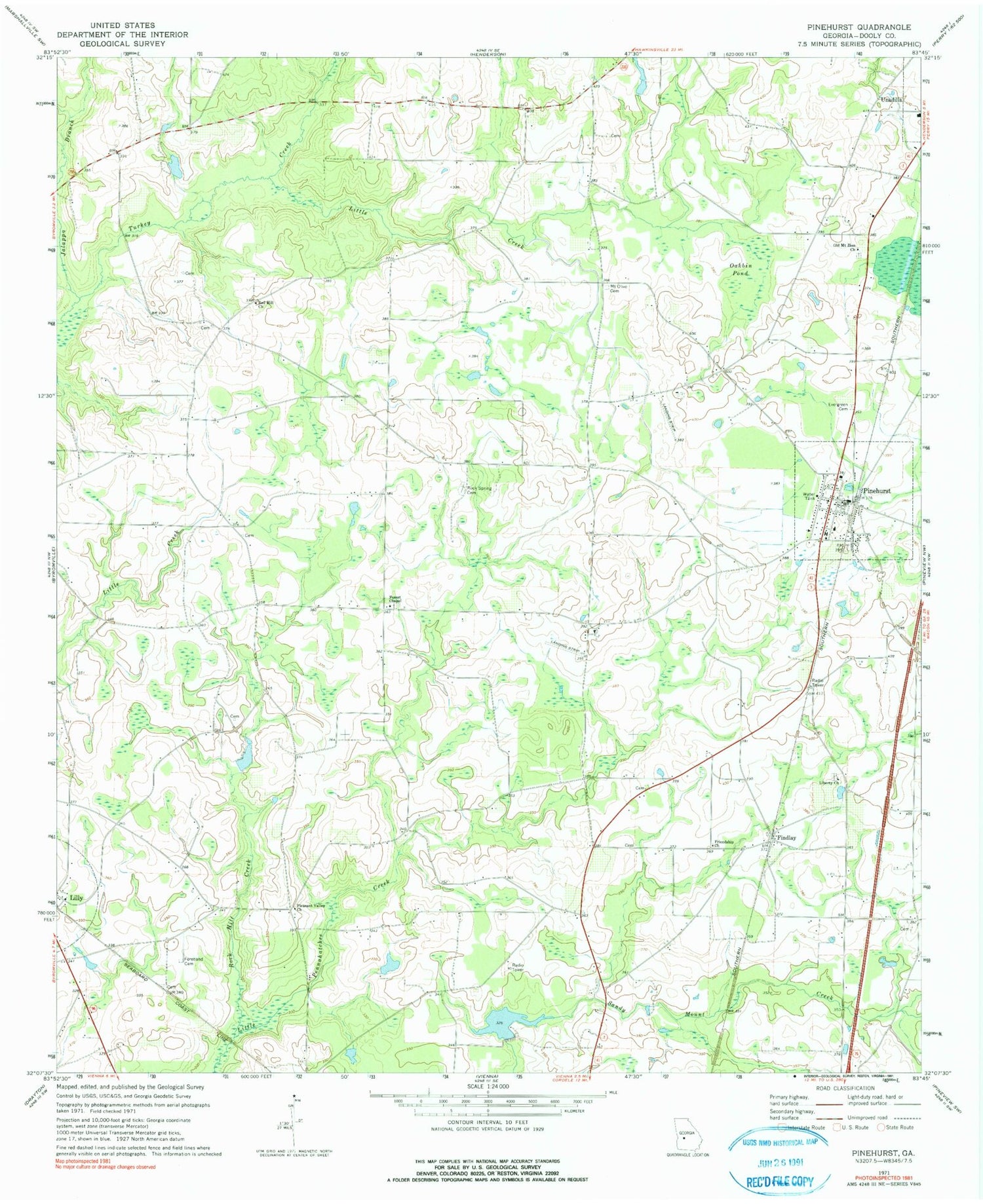 Classic USGS Pinehurst Georgia 7.5'x7.5' Topo Map Image