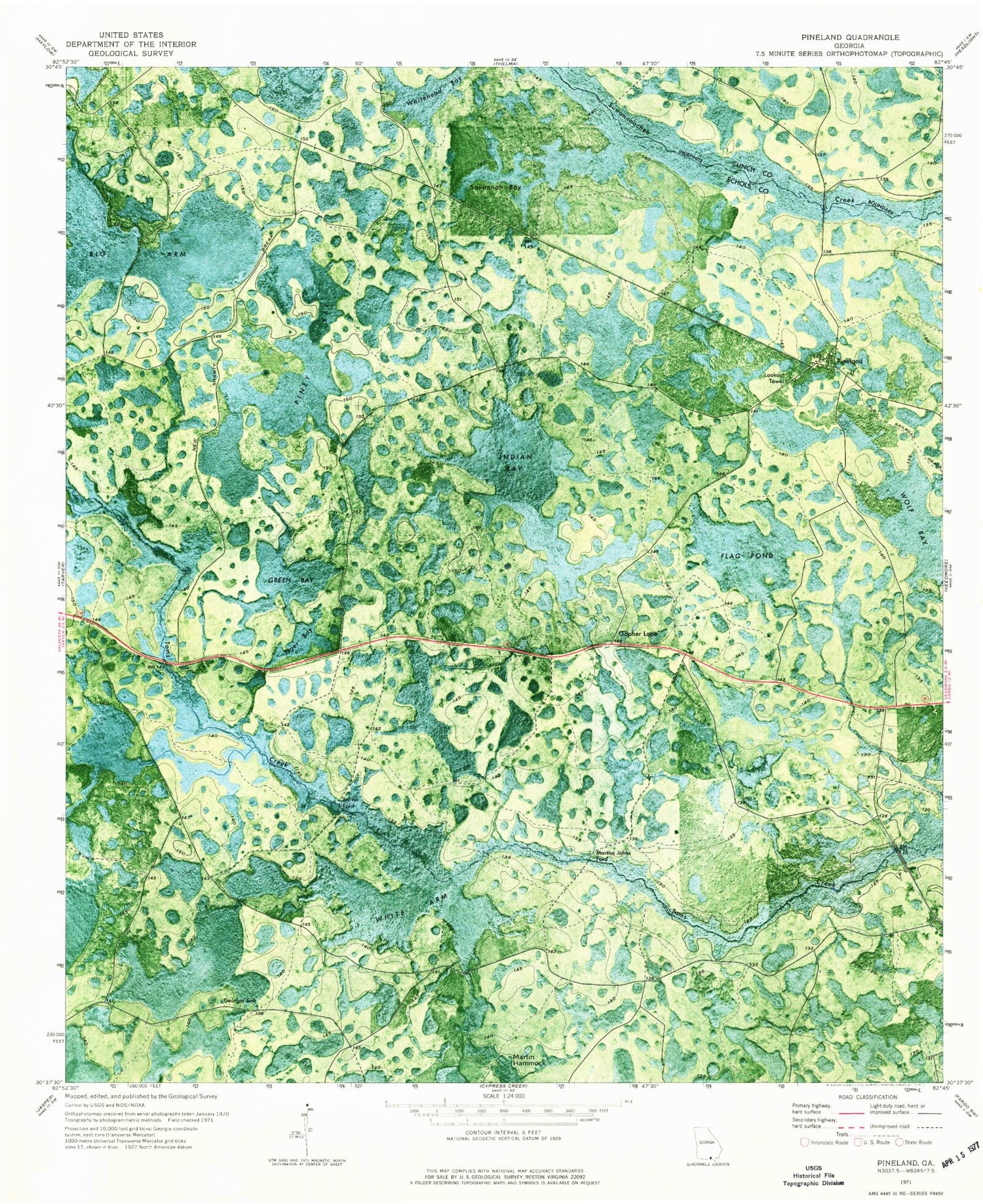 Classic USGS Pineland Georgia 7.5'x7.5' Topo Map Image