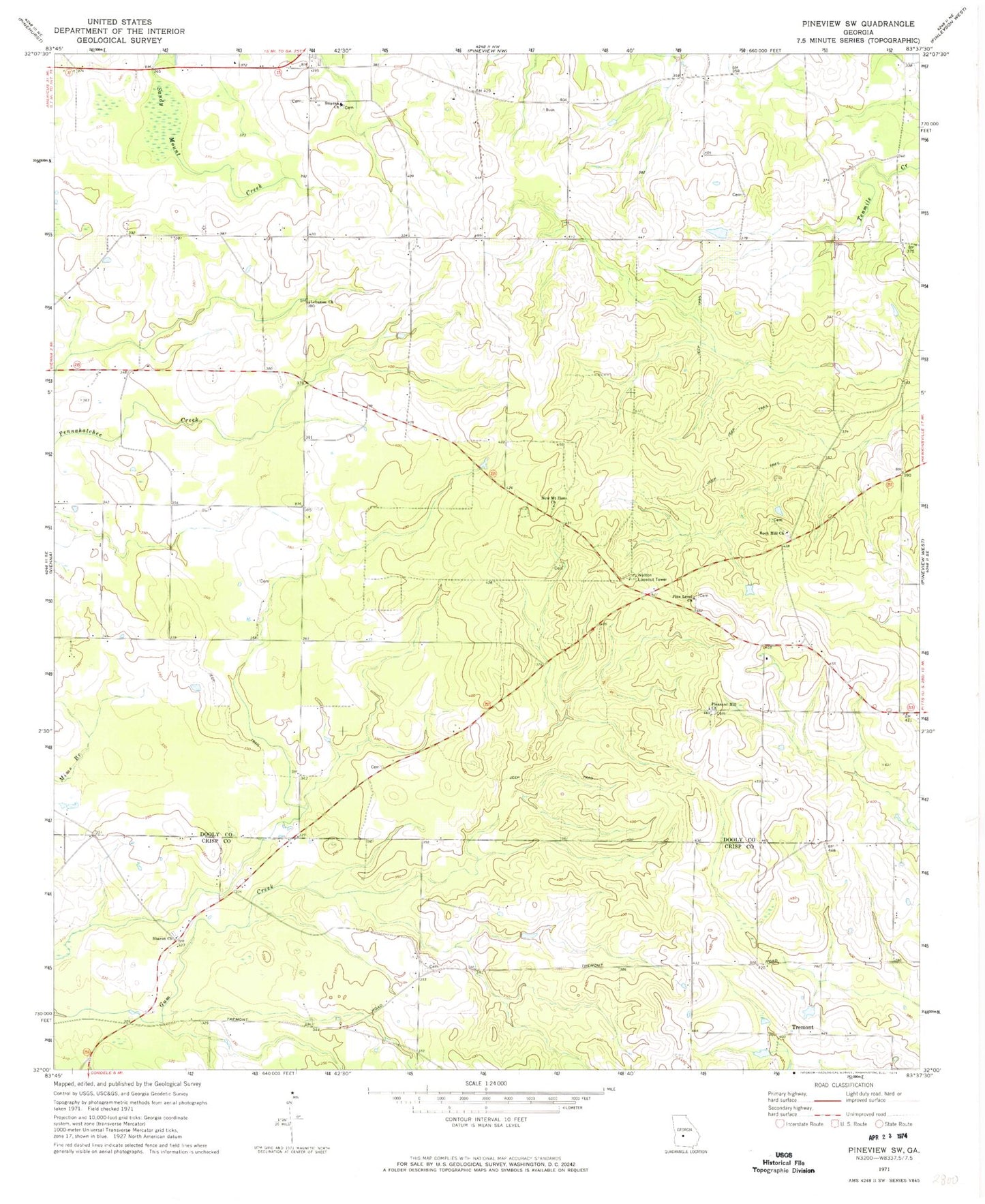 Classic USGS Pineview SW Georgia 7.5'x7.5' Topo Map Image
