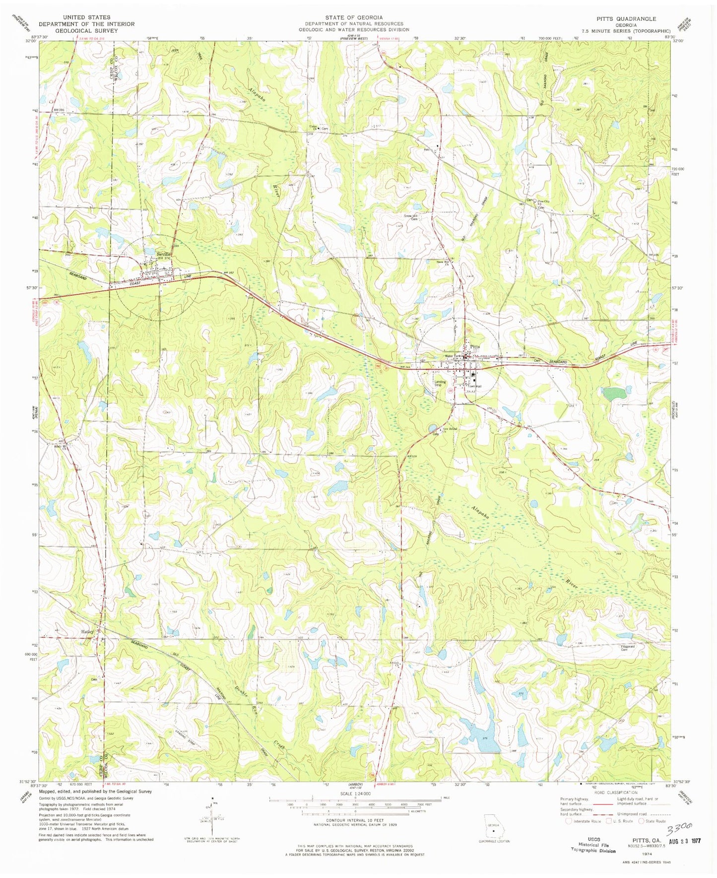 Classic USGS Pitts Georgia 7.5'x7.5' Topo Map Image