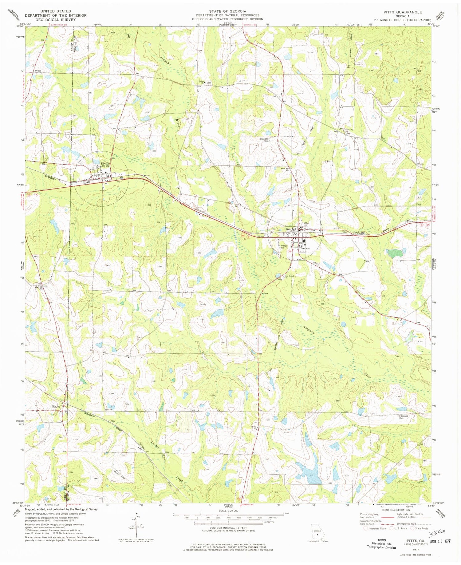 Classic USGS Pitts Georgia 7.5'x7.5' Topo Map Image