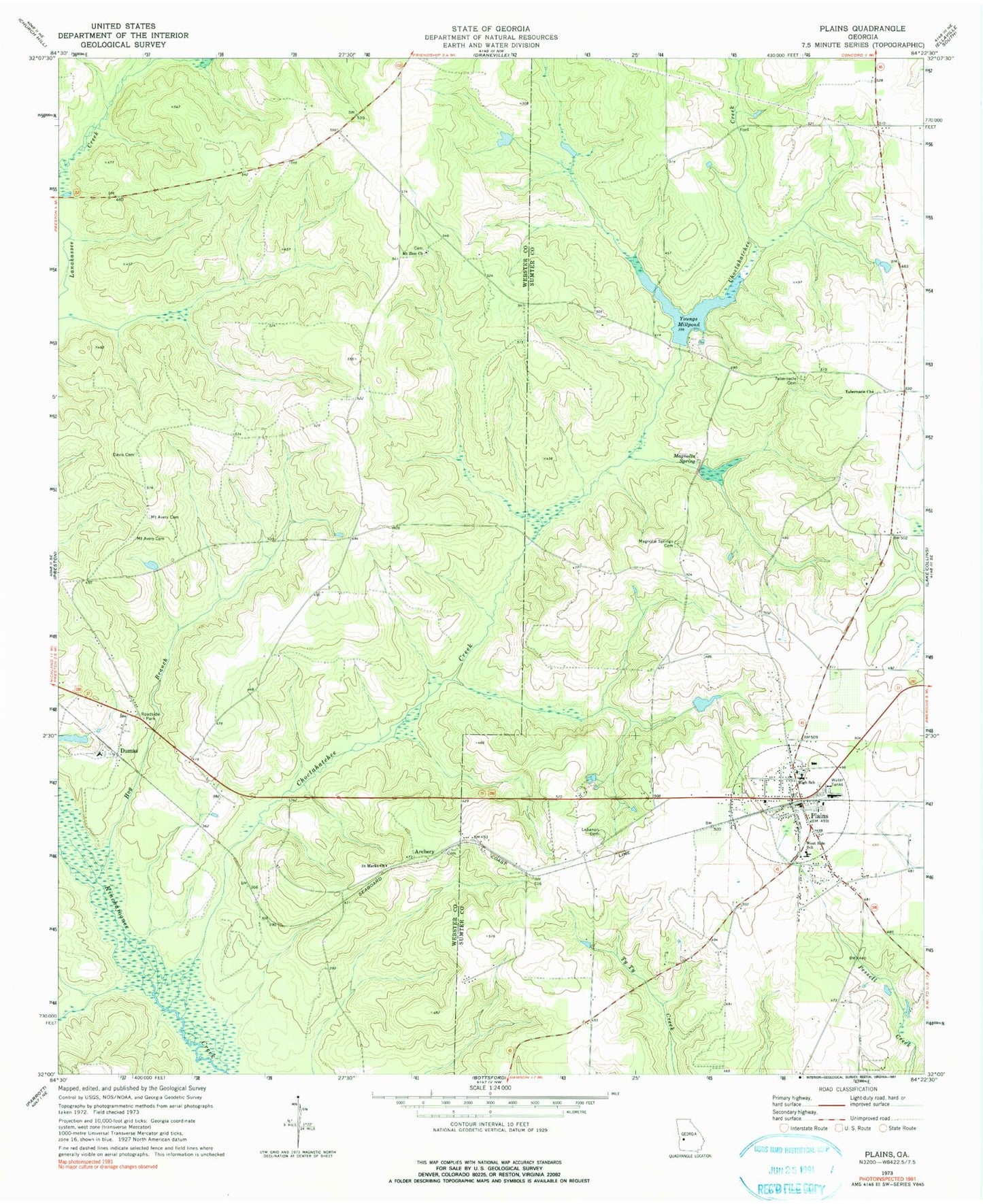 Classic USGS Plains Georgia 7.5'x7.5' Topo Map Image