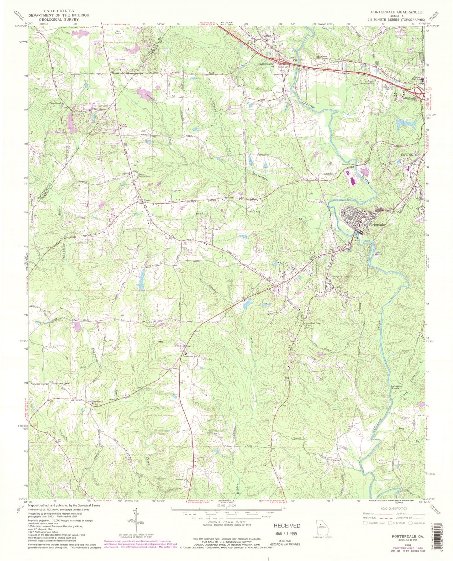 Classic USGS Porterdale Georgia 7.5'x7.5' Topo Map Image