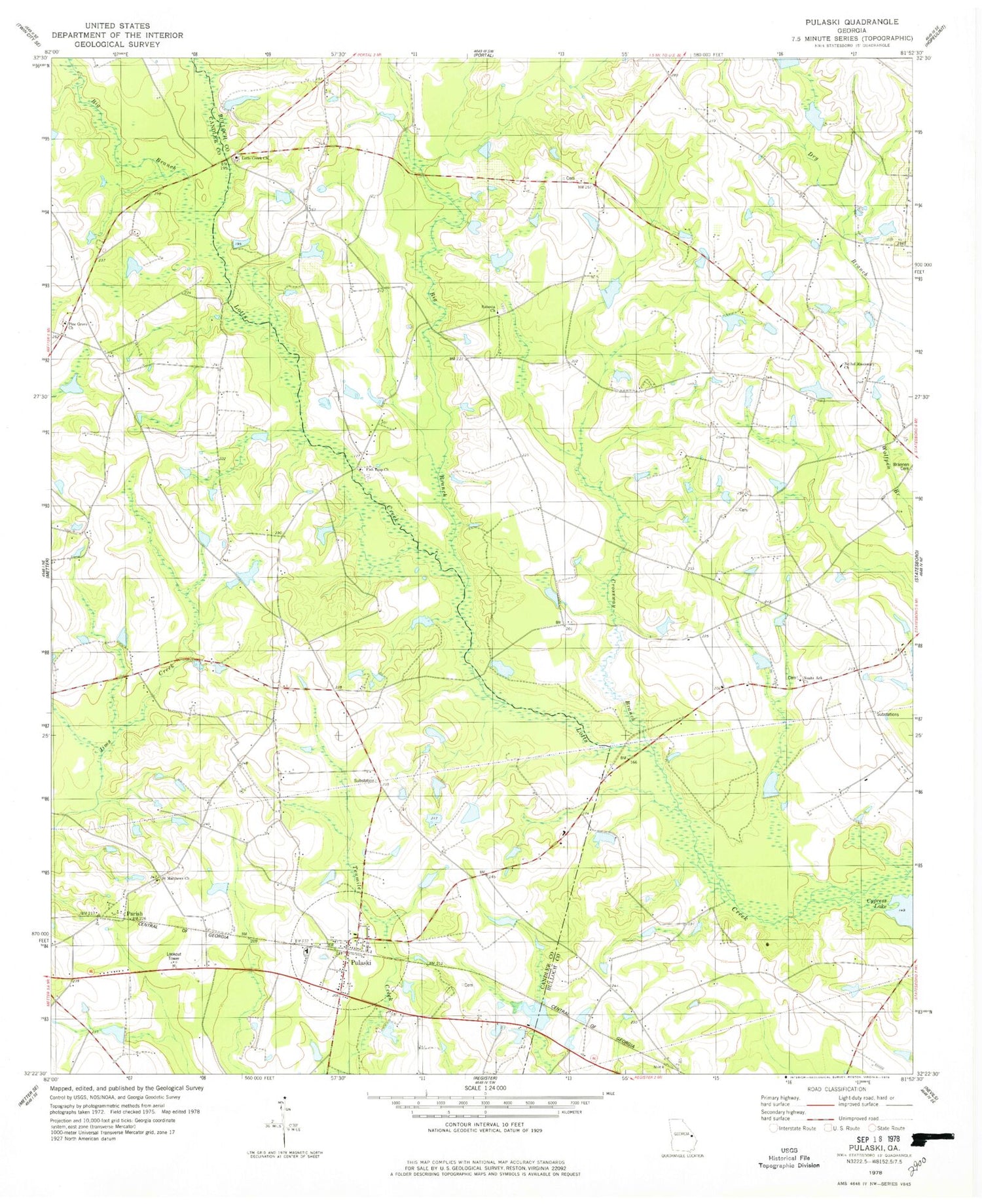 Classic USGS Pulaski Georgia 7.5'x7.5' Topo Map Image