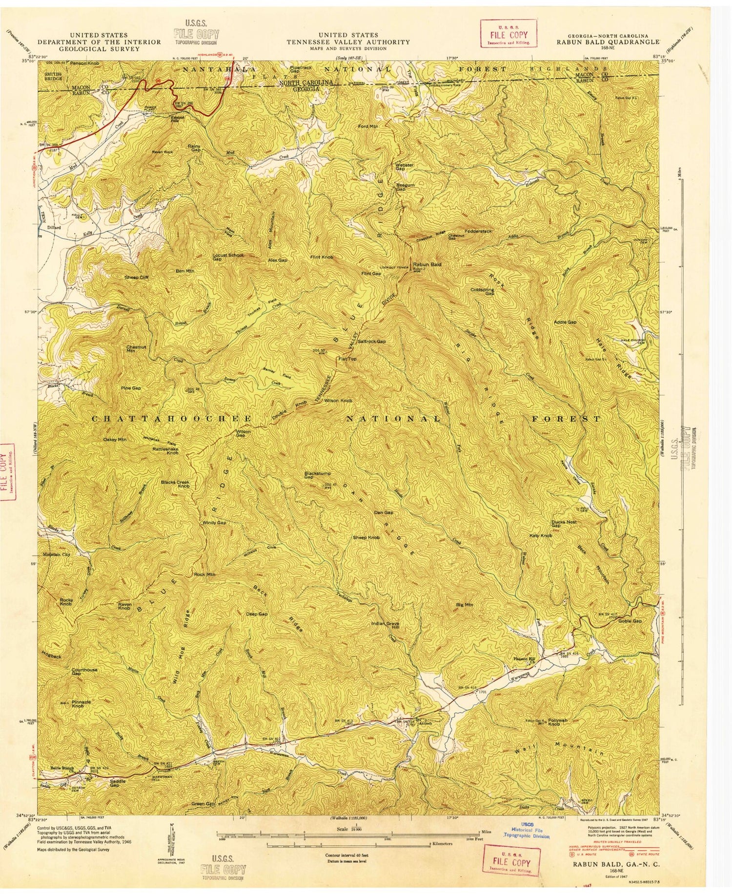 Classic USGS Rabun Bald Georgia 7.5'x7.5' Topo Map Image