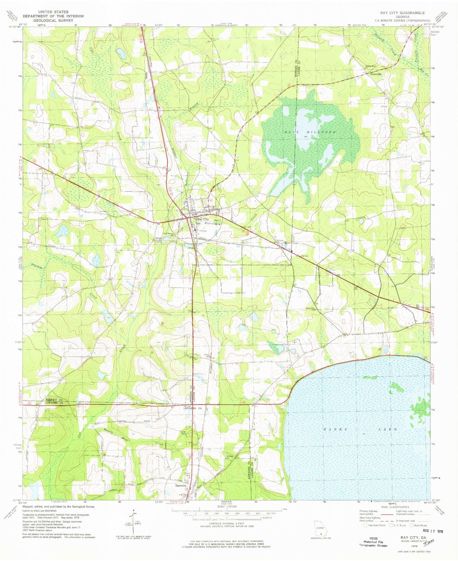 Classic USGS Ray City Georgia 7.5'x7.5' Topo Map Image