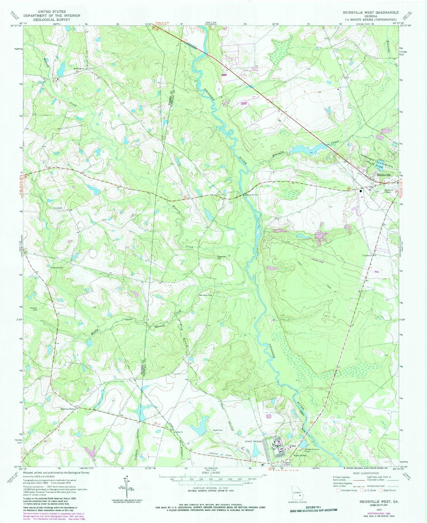 Classic USGS Reidsville West Georgia 7.5'x7.5' Topo Map Image