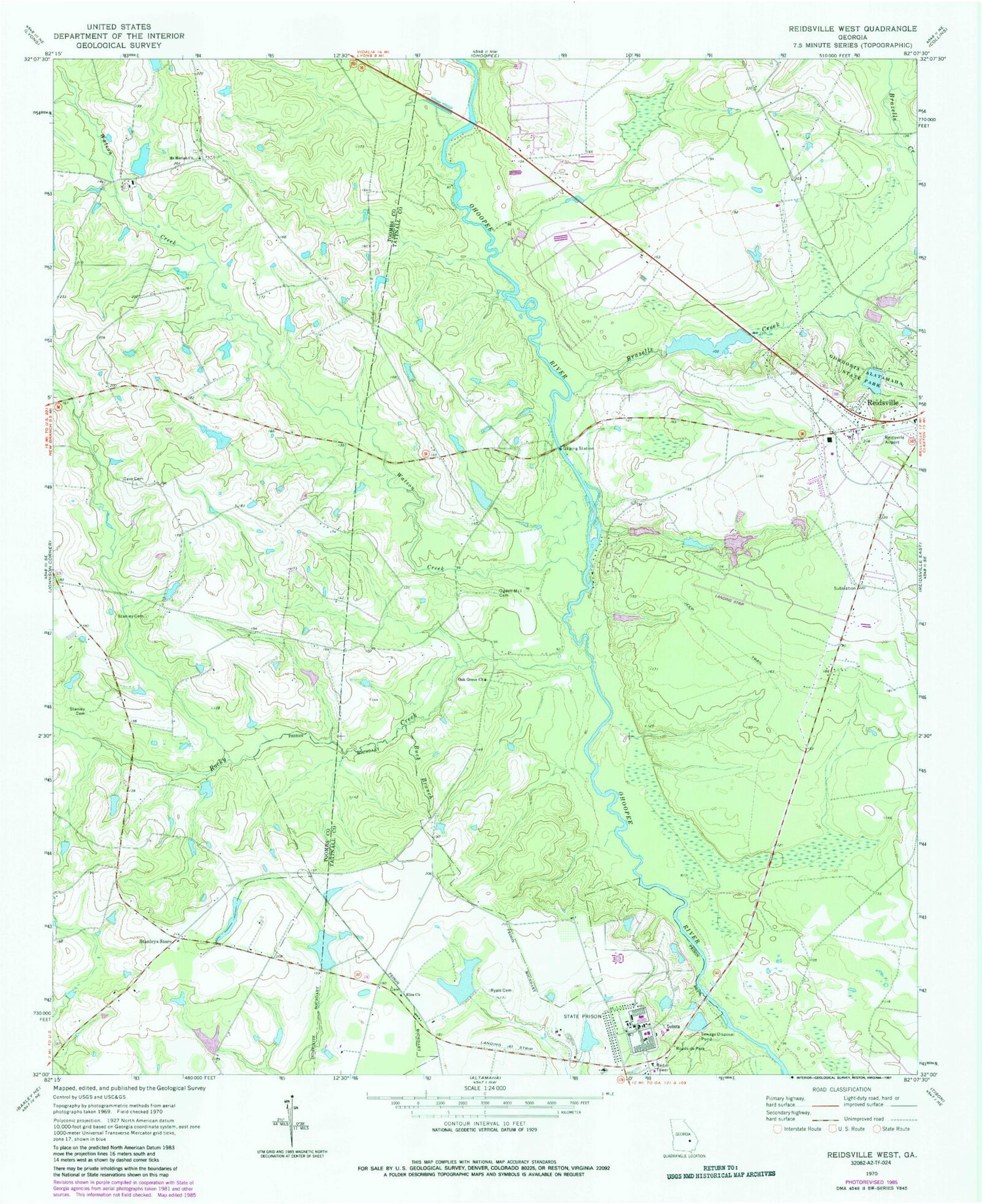Classic USGS Reidsville West Georgia 7.5'x7.5' Topo Map Image