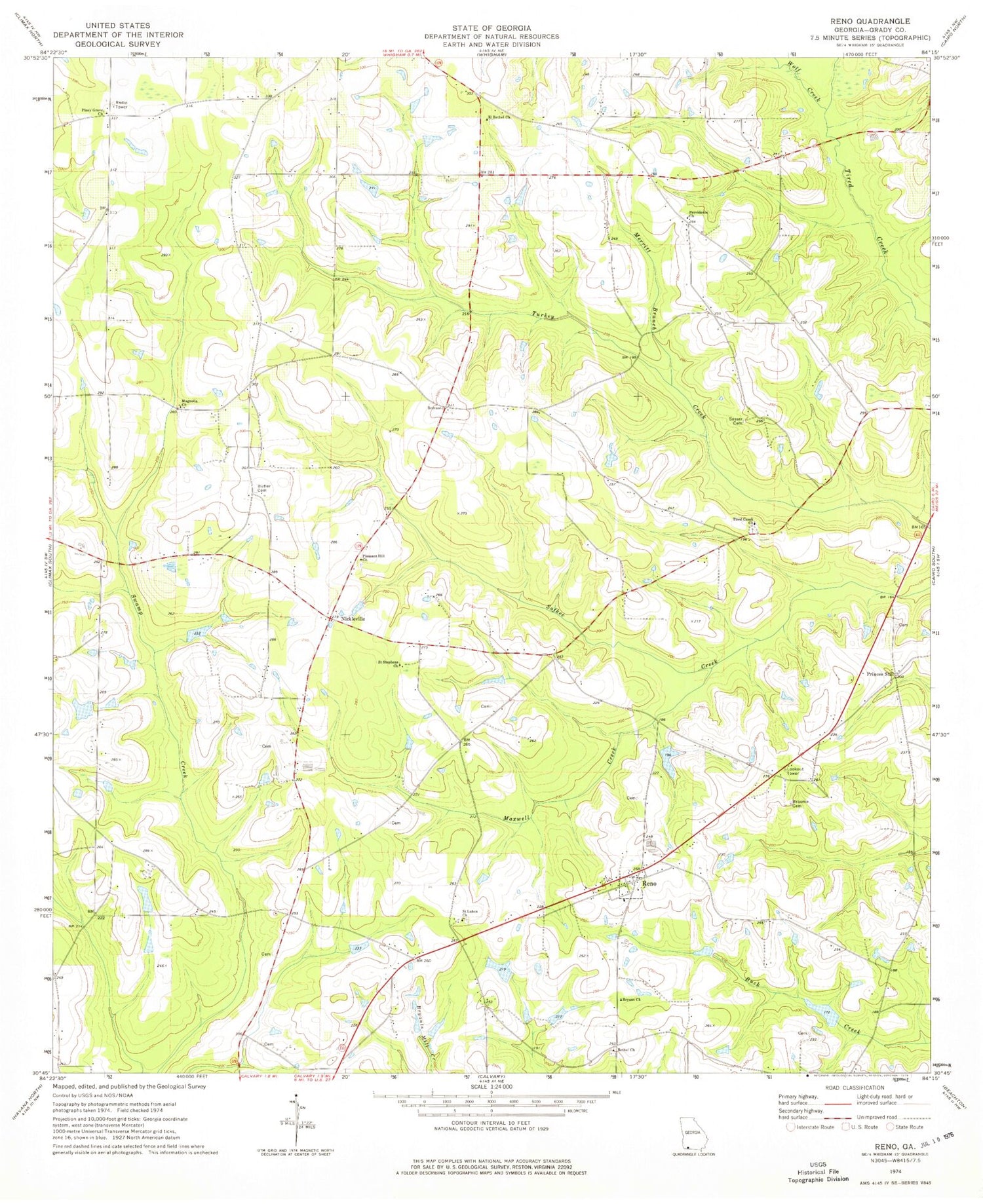 Classic USGS Reno Georgia 7.5'x7.5' Topo Map Image