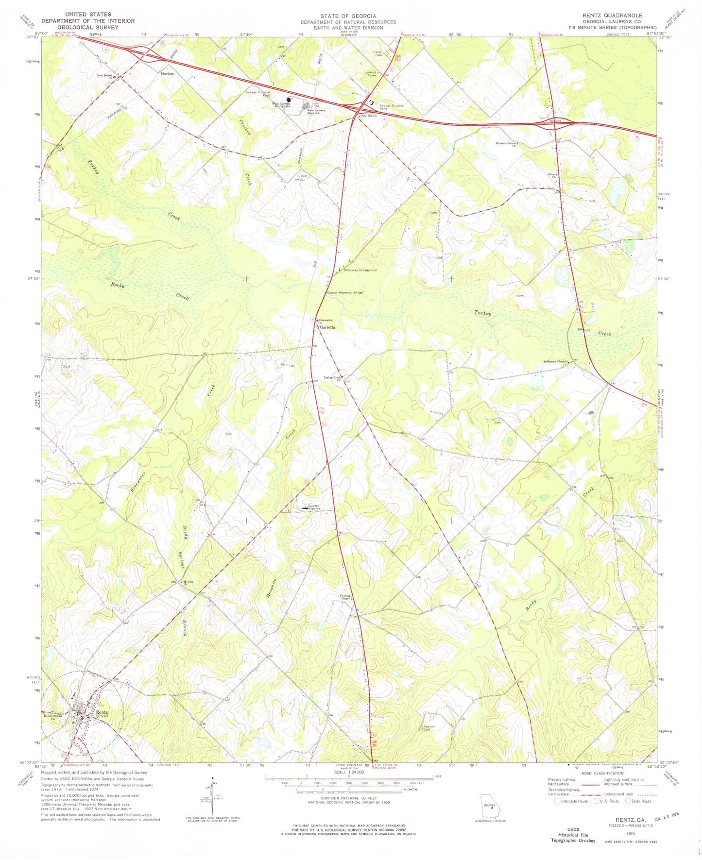 Classic USGS Rentz Georgia 7.5'x7.5' Topo Map Image