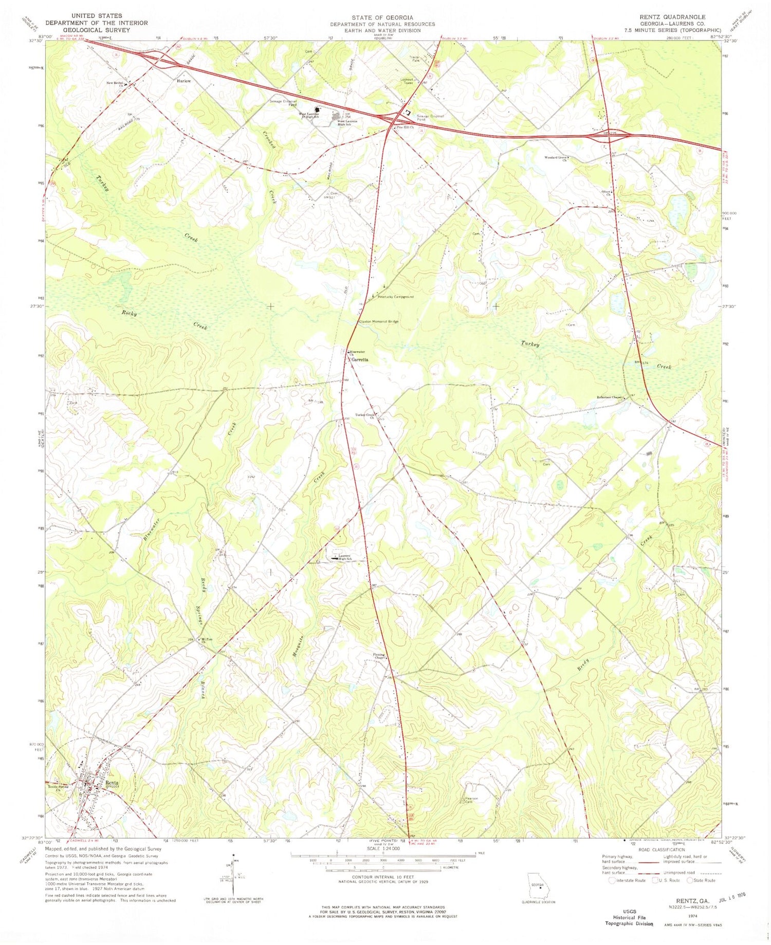 Classic USGS Rentz Georgia 7.5'x7.5' Topo Map Image