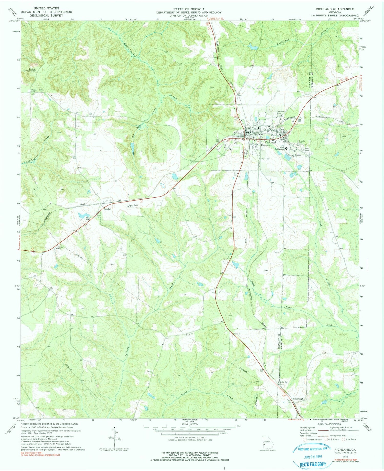 Classic USGS Richland Georgia 7.5'x7.5' Topo Map Image