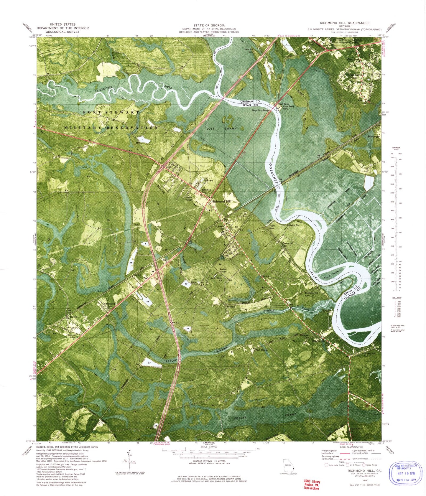 Classic USGS Richmond Hill Georgia 7.5'x7.5' Topo Map Image