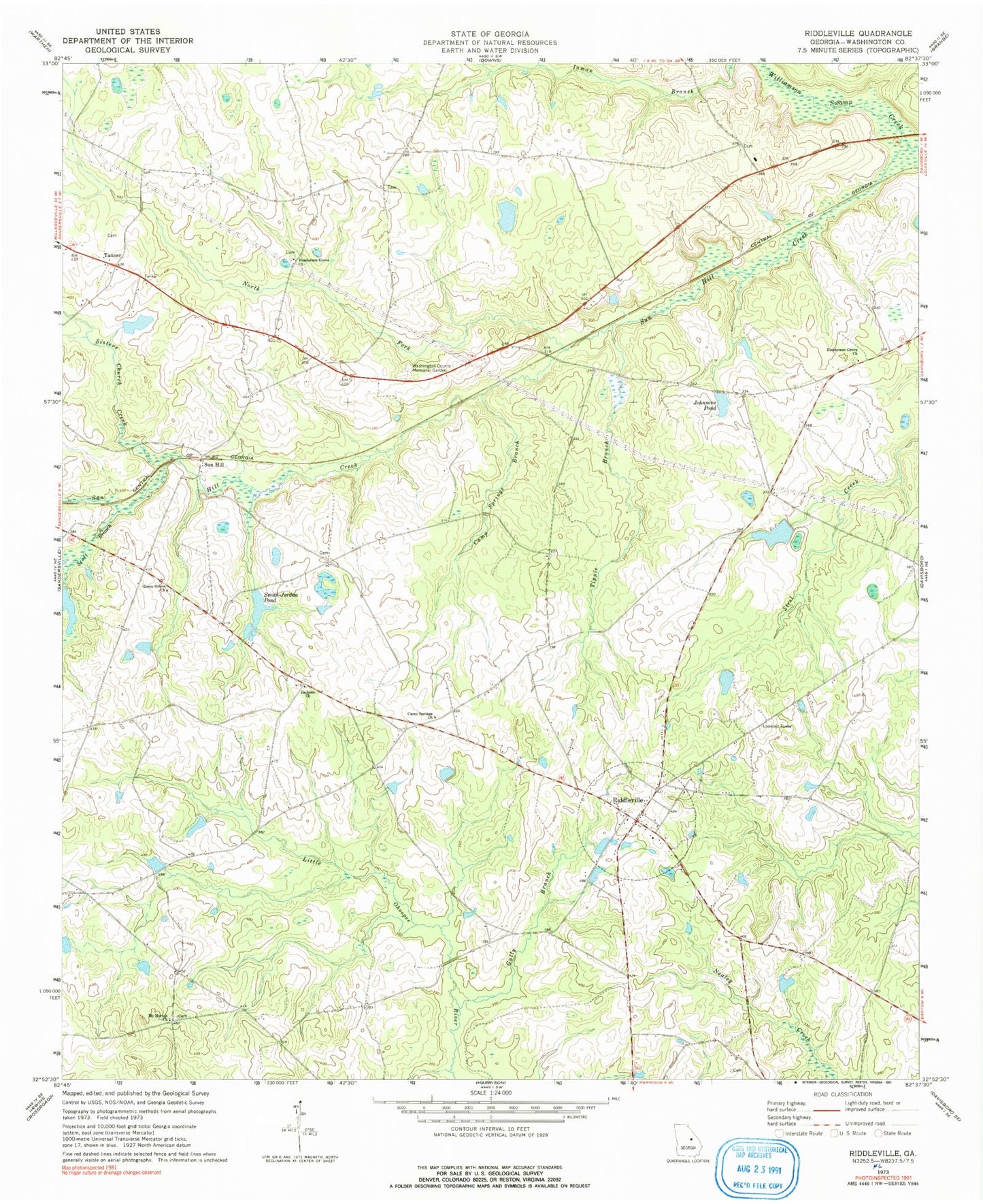 Classic USGS Riddleville Georgia 7.5'x7.5' Topo Map Image