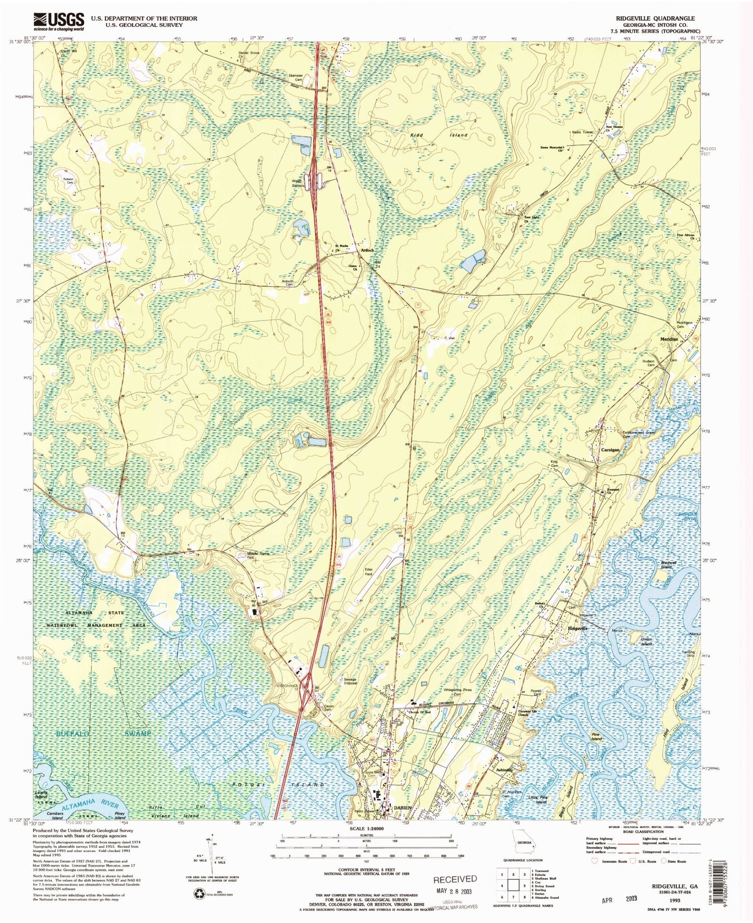 Classic USGS Ridgeville Georgia 7.5'x7.5' Topo Map Image