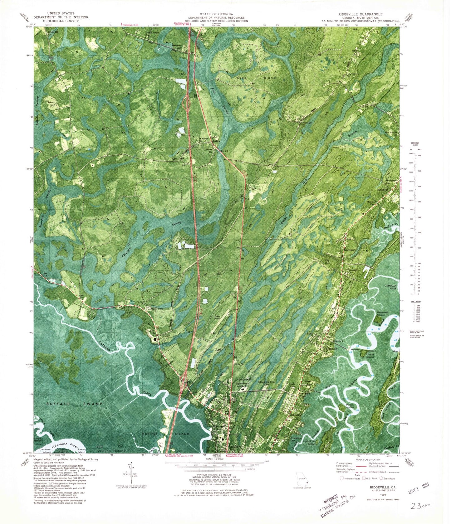 Classic USGS Ridgeville Georgia 7.5'x7.5' Topo Map Image