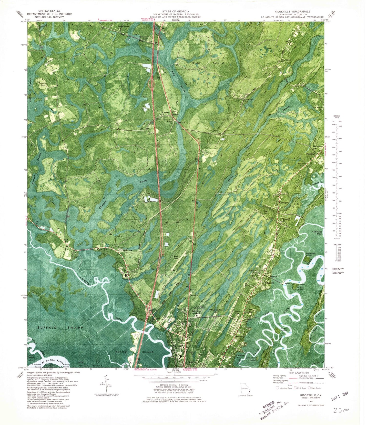 Classic USGS Ridgeville Georgia 7.5'x7.5' Topo Map Image