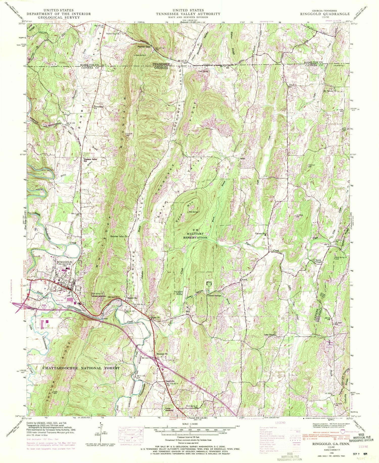 Classic USGS Ringgold Georgia 7.5'x7.5' Topo Map Image