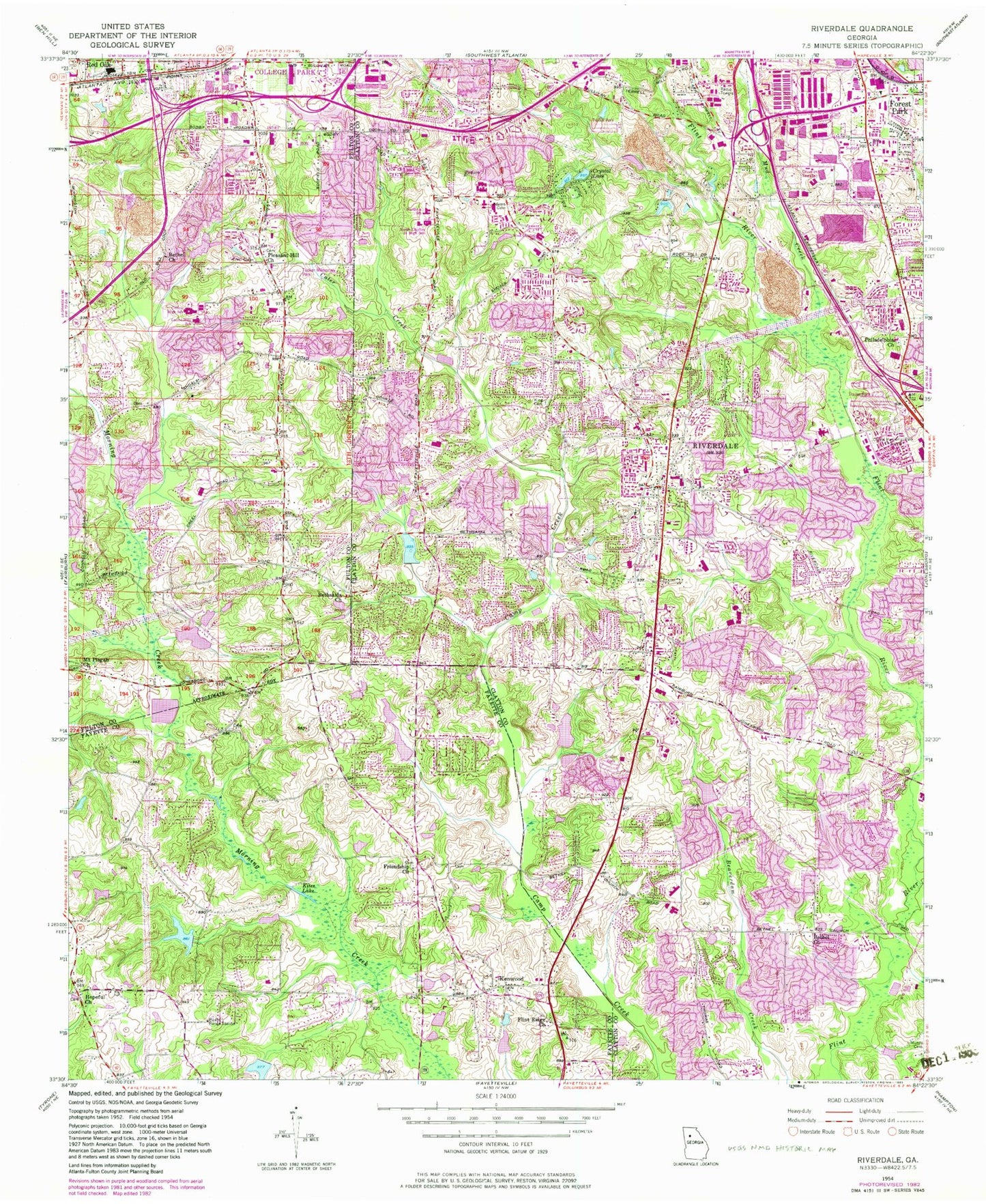 Classic USGS Riverdale Georgia 7.5'x7.5' Topo Map Image