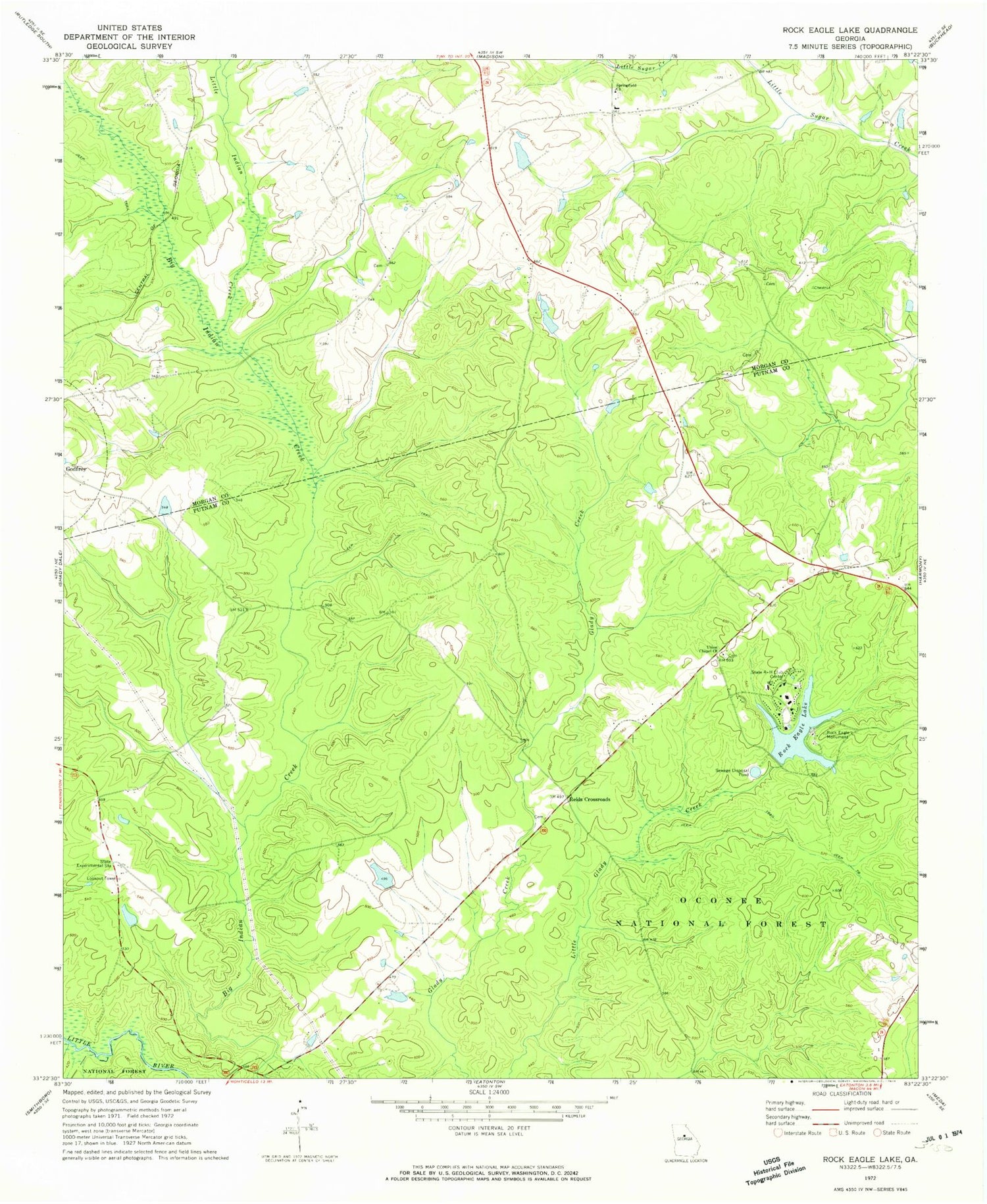 Classic USGS Rock Eagle Lake Georgia 7.5'x7.5' Topo Map Image