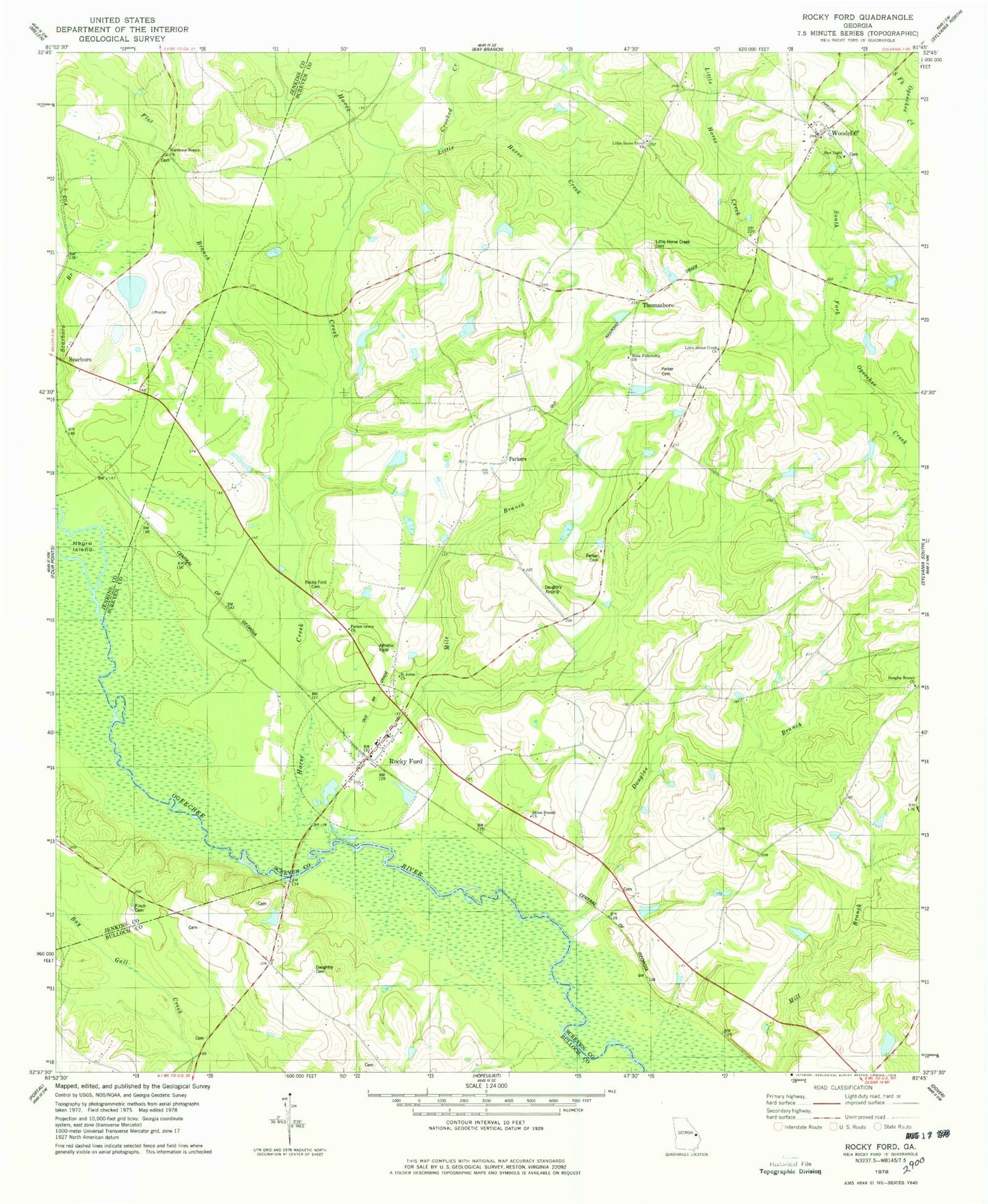 Classic USGS Rocky Ford Georgia 7.5'x7.5' Topo Map Image