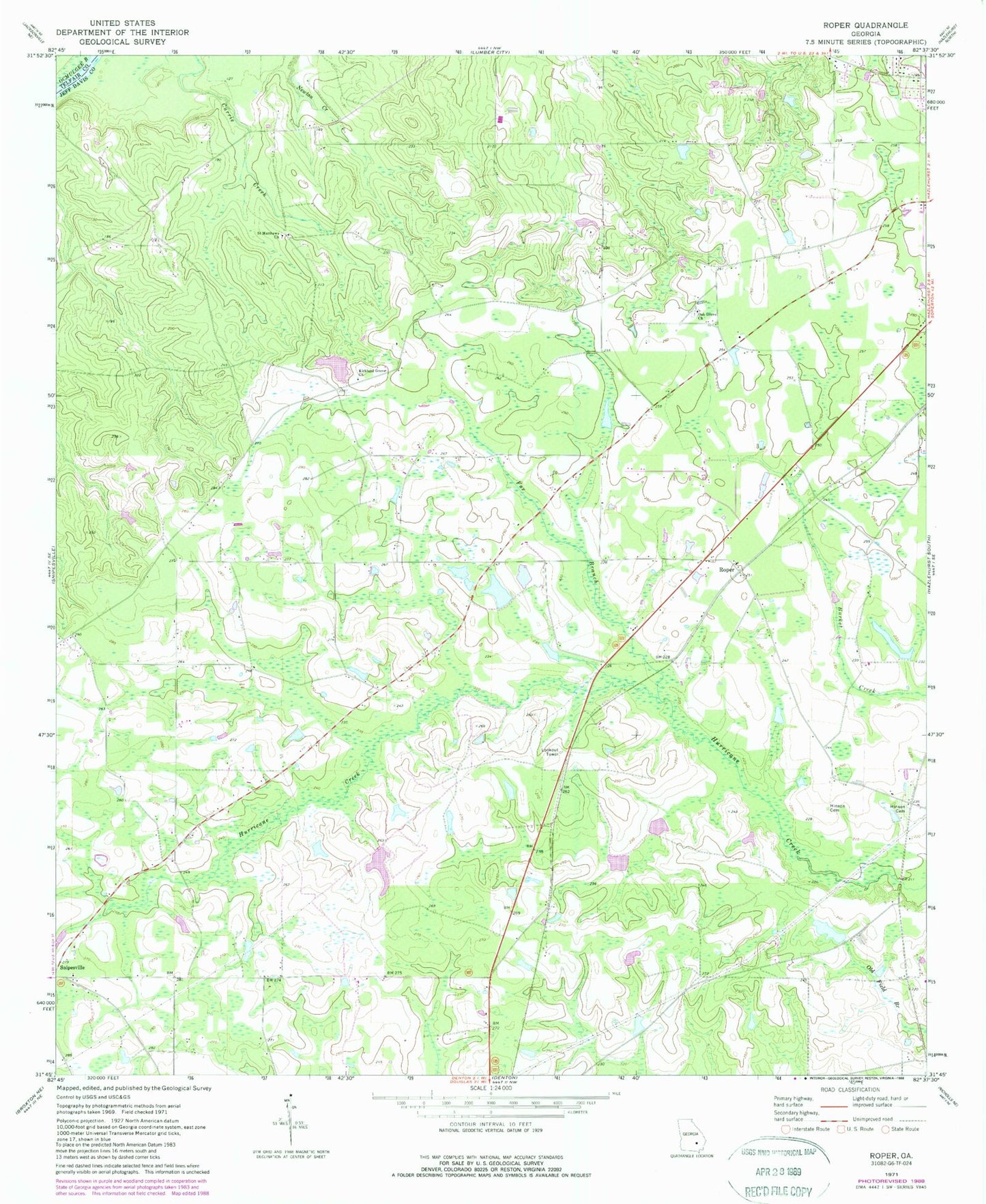 Classic USGS Roper Georgia 7.5'x7.5' Topo Map Image