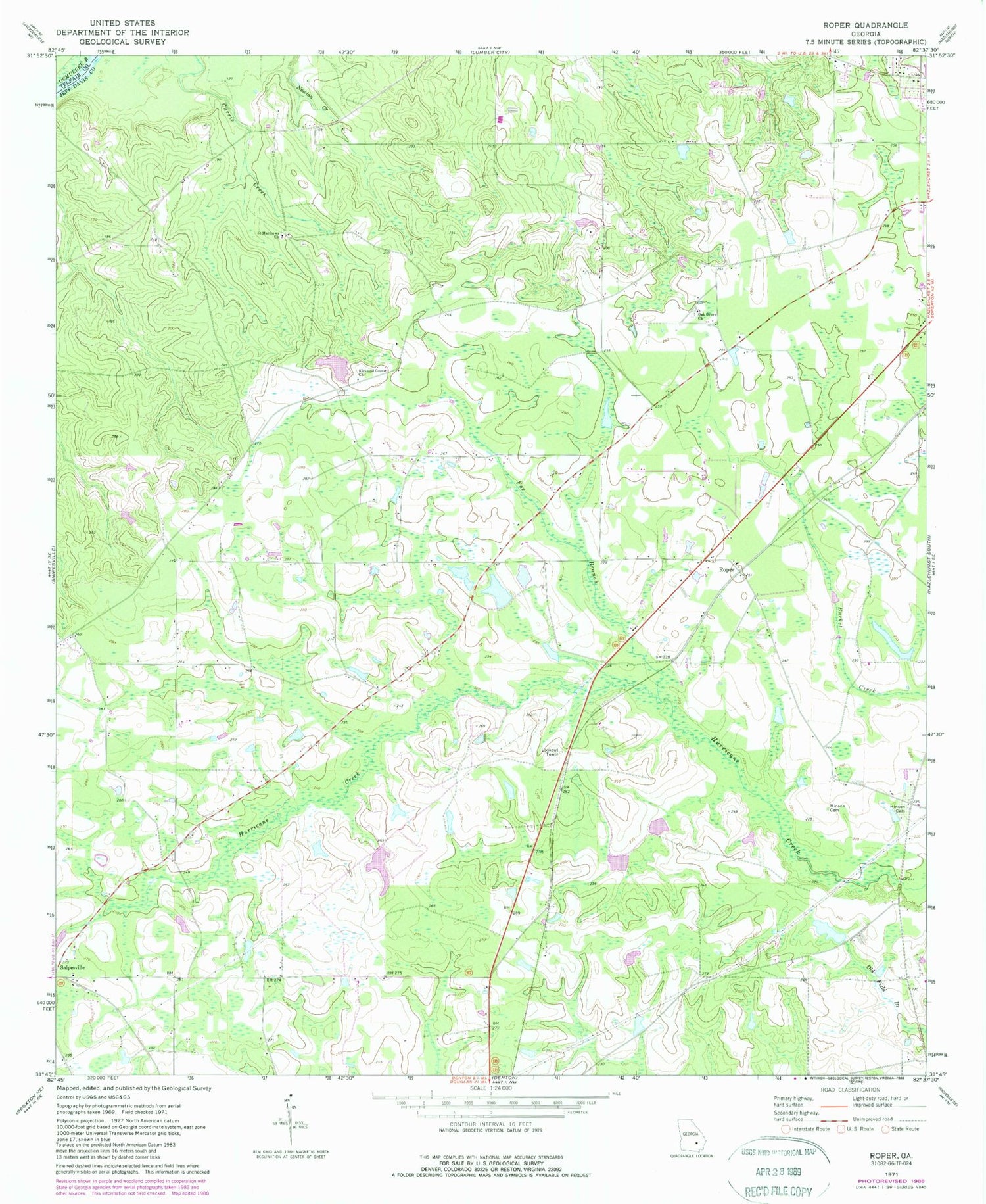 Classic USGS Roper Georgia 7.5'x7.5' Topo Map Image