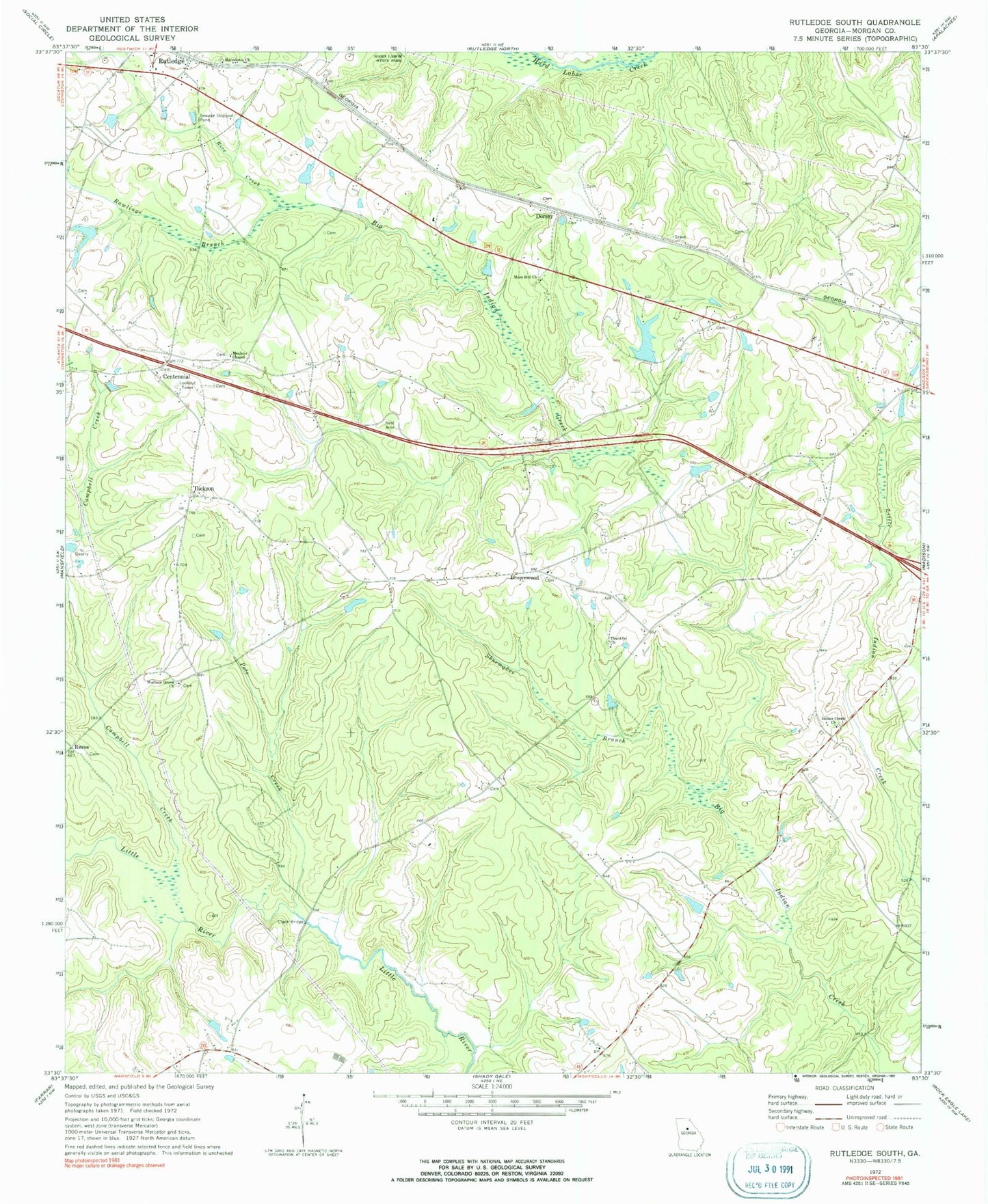 Classic USGS Rutledge South Georgia 7.5'x7.5' Topo Map Image