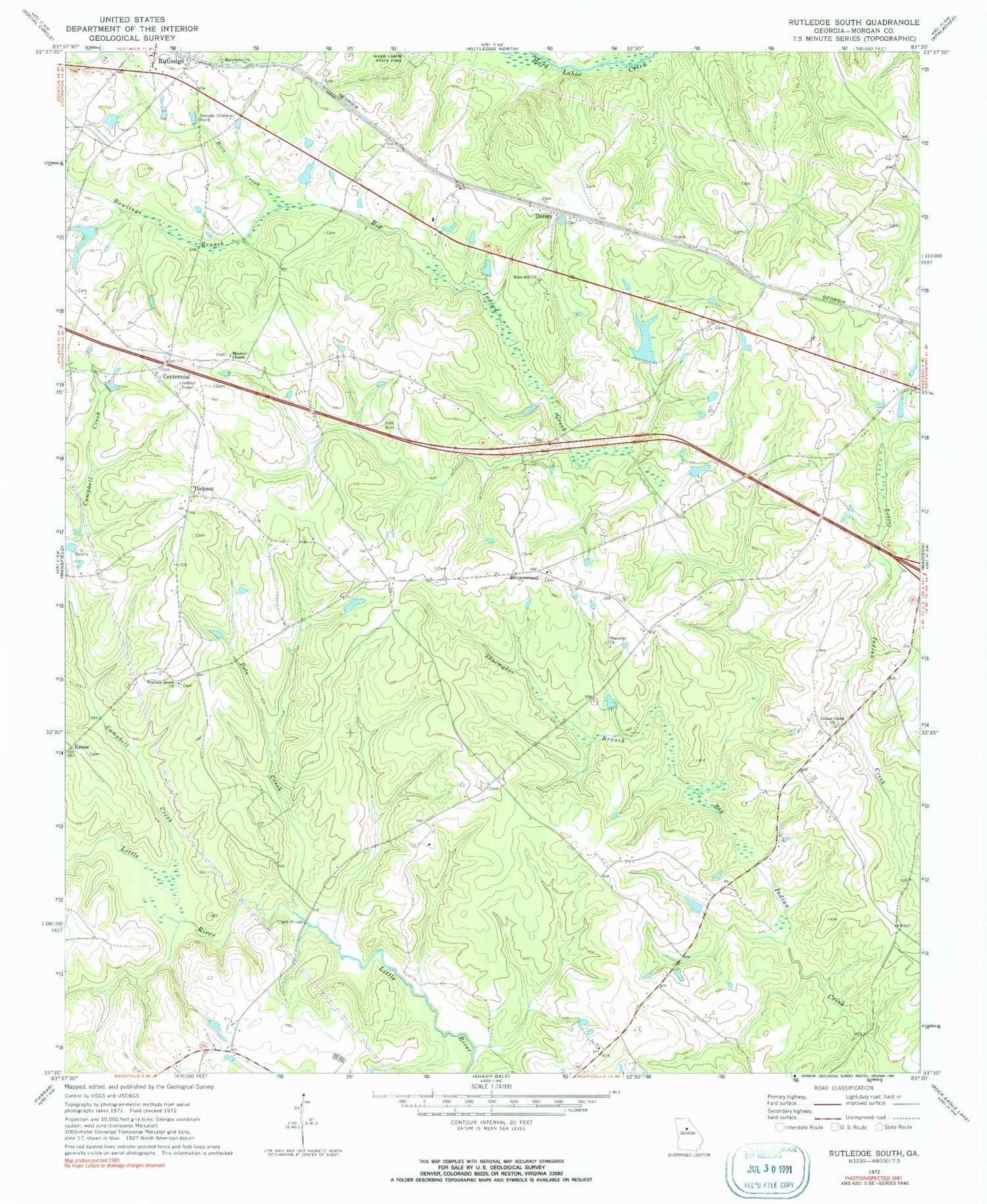 Classic USGS Rutledge South Georgia 7.5'x7.5' Topo Map Image