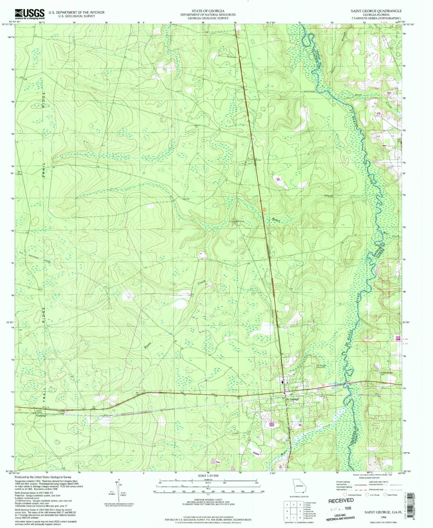 Classic USGS Saint George Georgia 7.5'x7.5' Topo Map Image