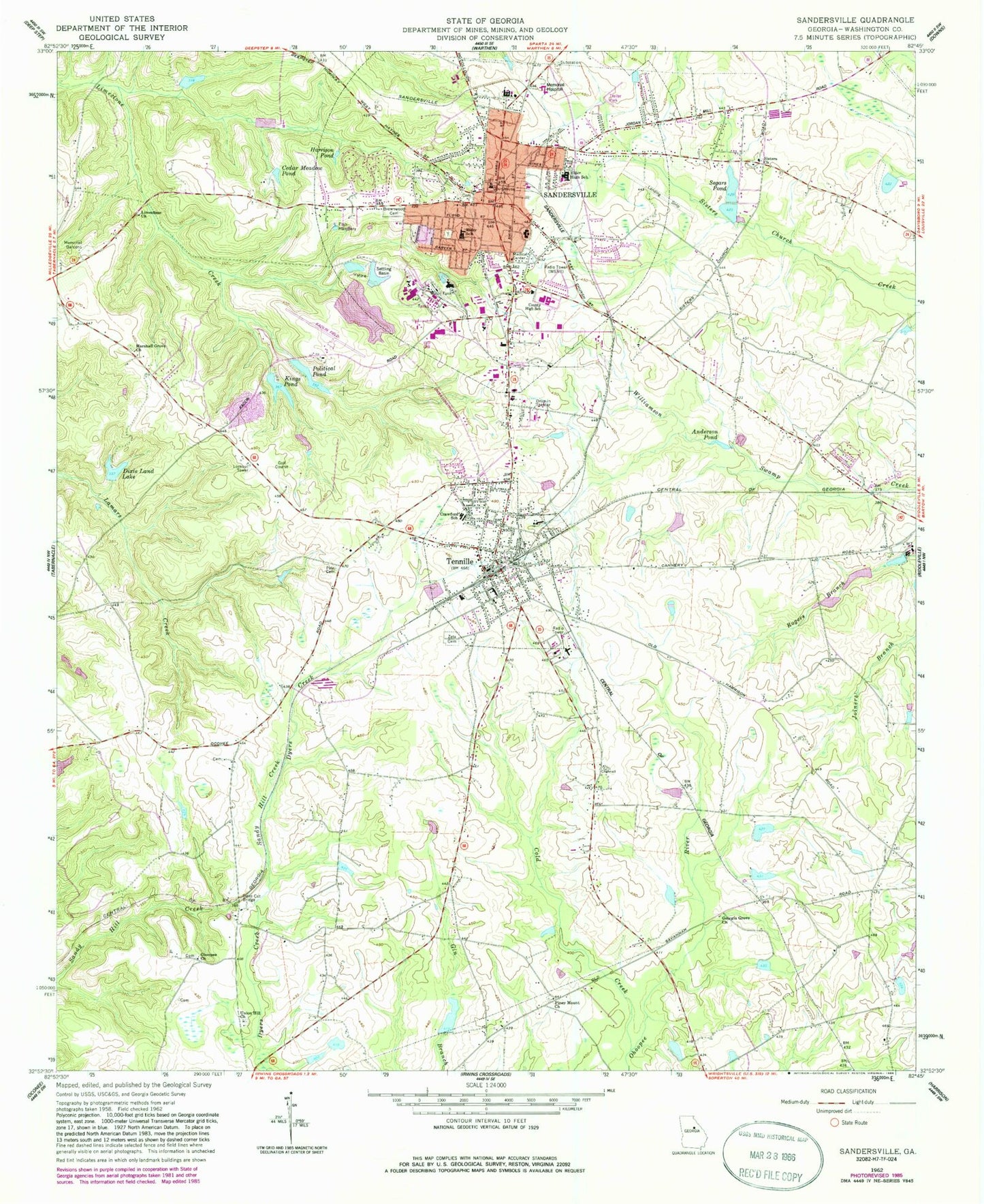 Classic USGS Sandersville Georgia 7.5'x7.5' Topo Map Image