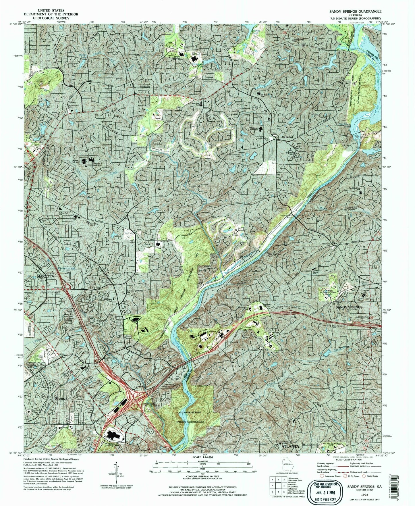 Classic USGS Sandy Springs Georgia 7.5'x7.5' Topo Map Image