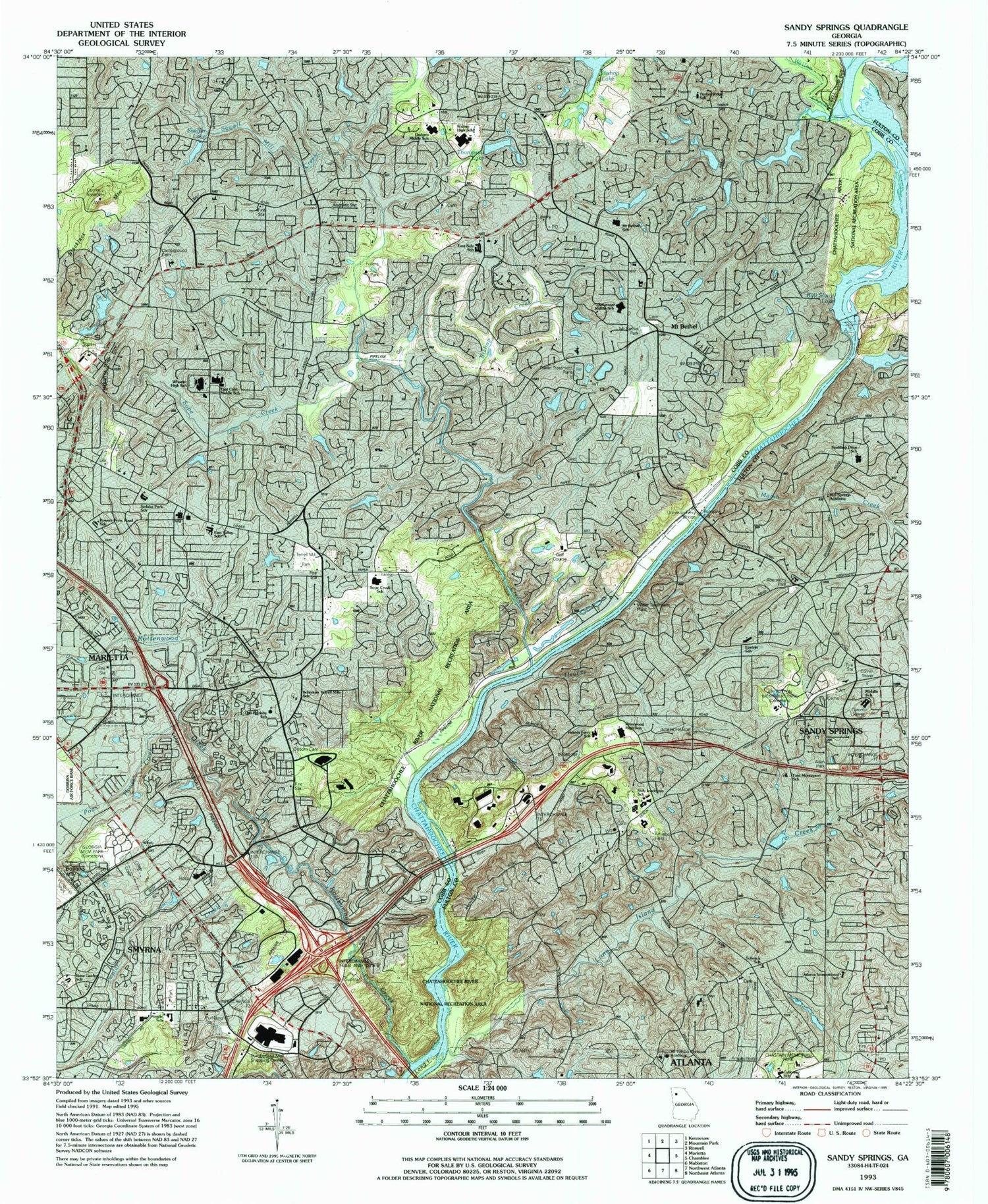 Classic USGS Sandy Springs Georgia 7.5'x7.5' Topo Map Image
