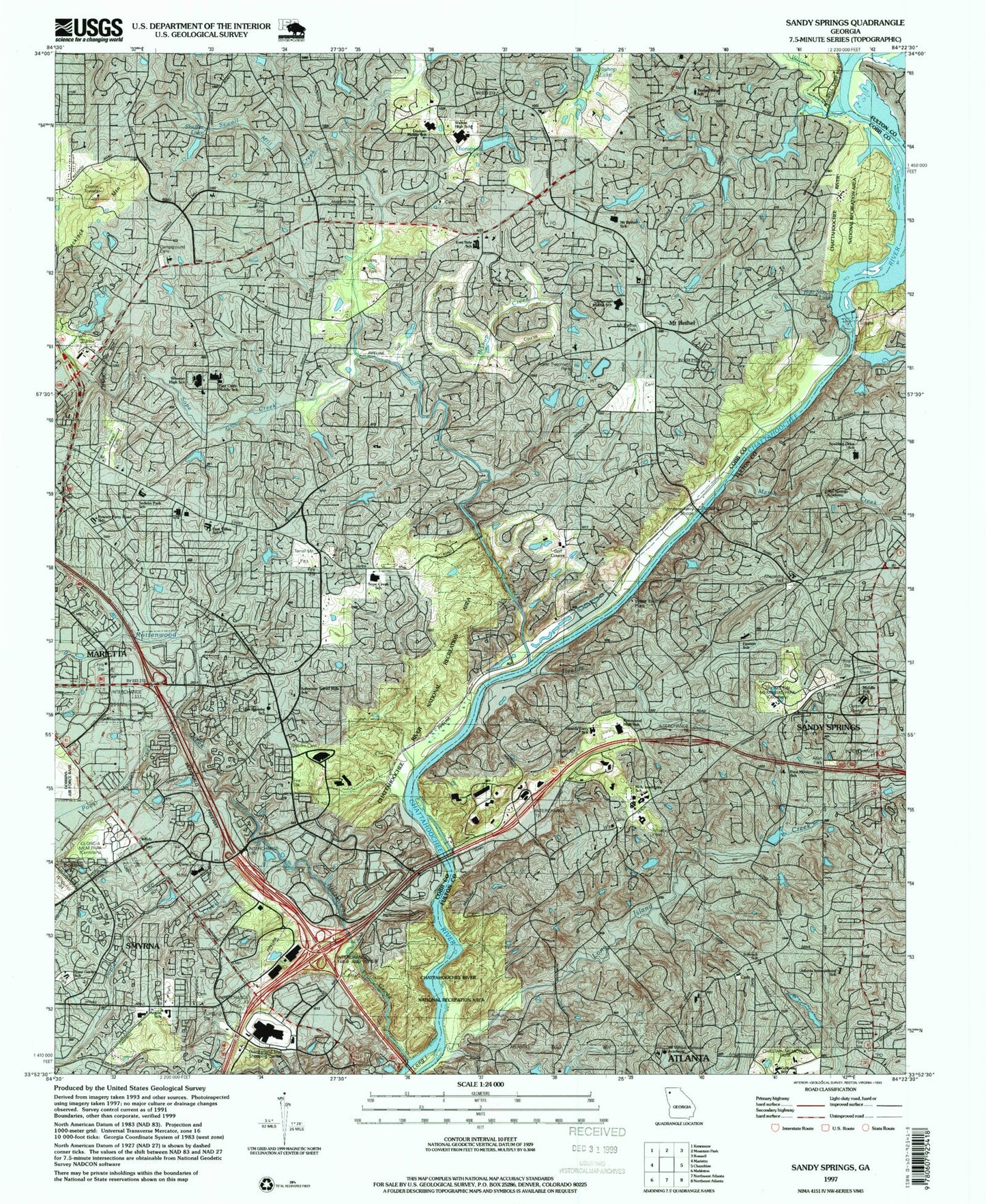 Classic USGS Sandy Springs Georgia 7.5'x7.5' Topo Map Image
