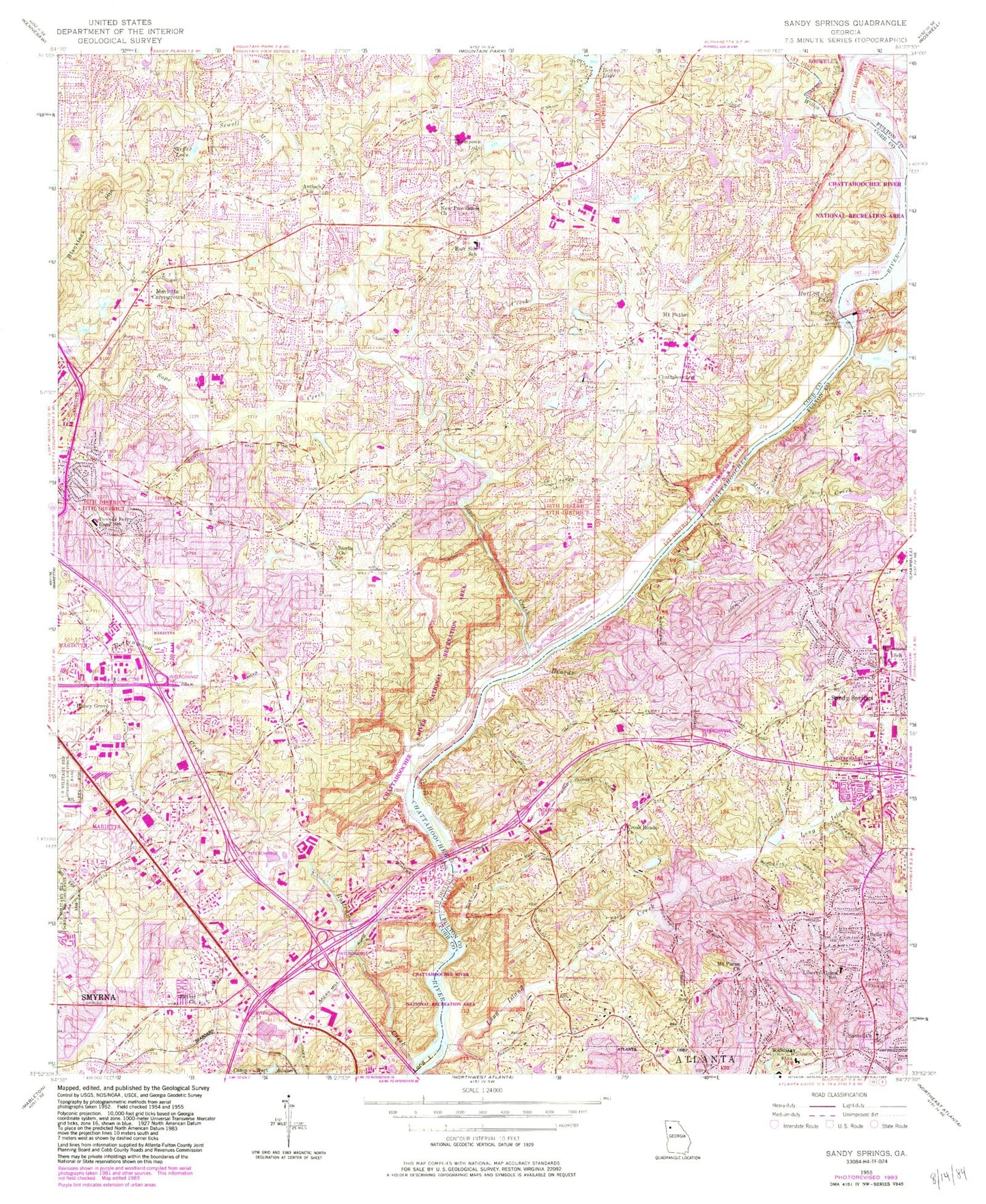 Classic USGS Sandy Springs Georgia 7.5'x7.5' Topo Map Image