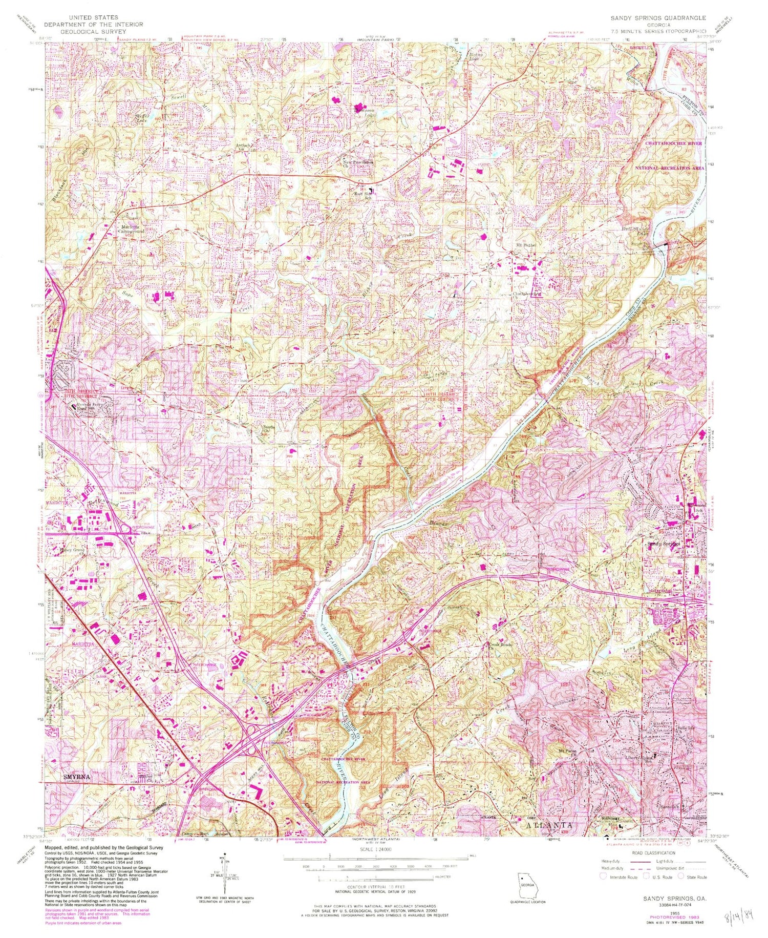 Classic USGS Sandy Springs Georgia 7.5'x7.5' Topo Map Image