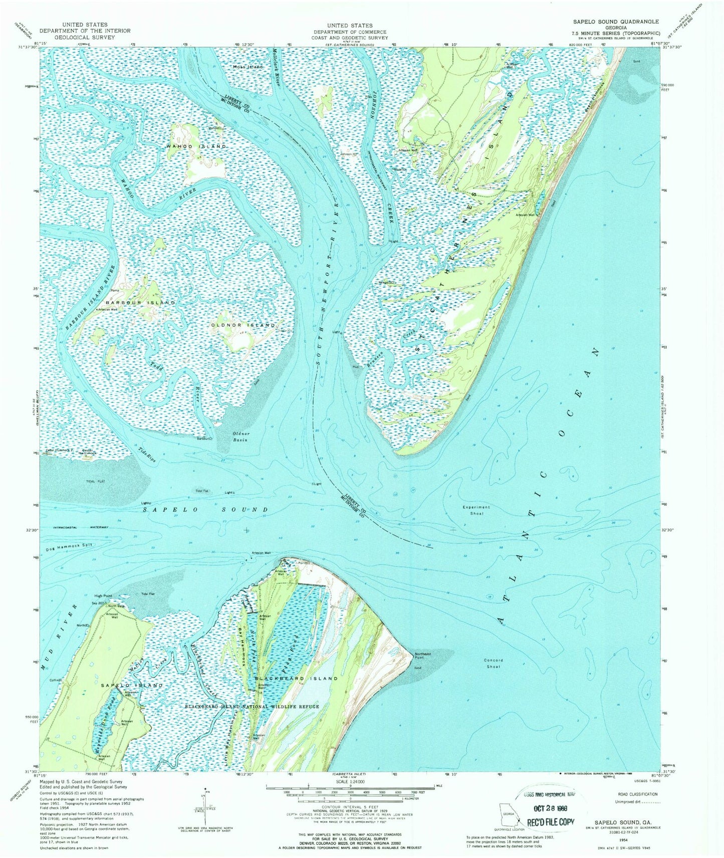 Classic USGS Sapelo Sound Georgia 7.5'x7.5' Topo Map Image